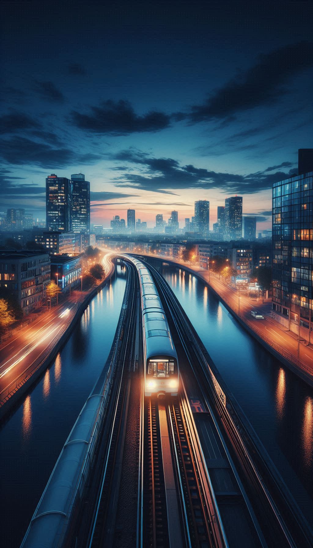 Nighttime Cityscape with Train and Canal
