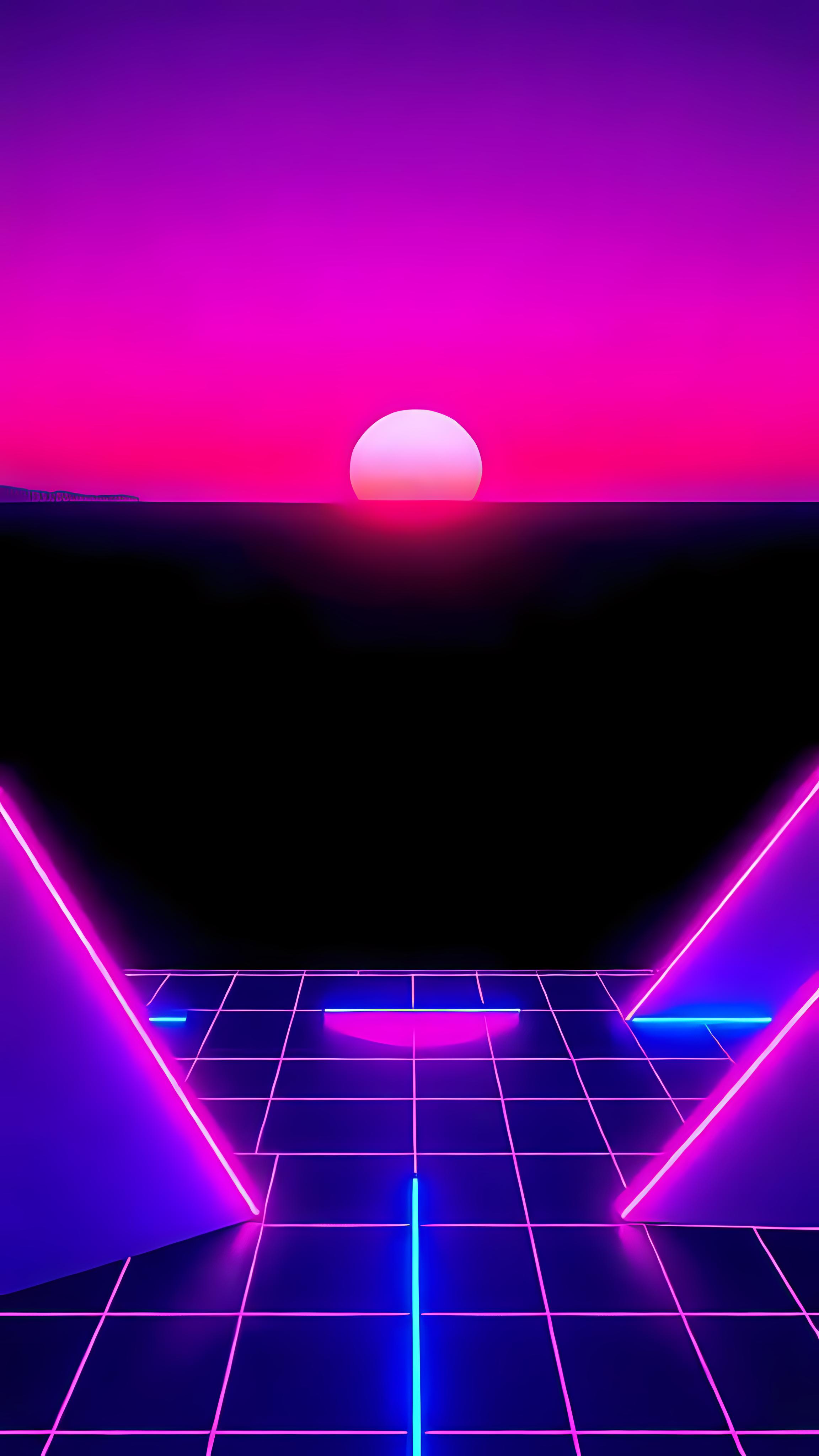 Vibrant Retro 80s Neon Grid Sunset