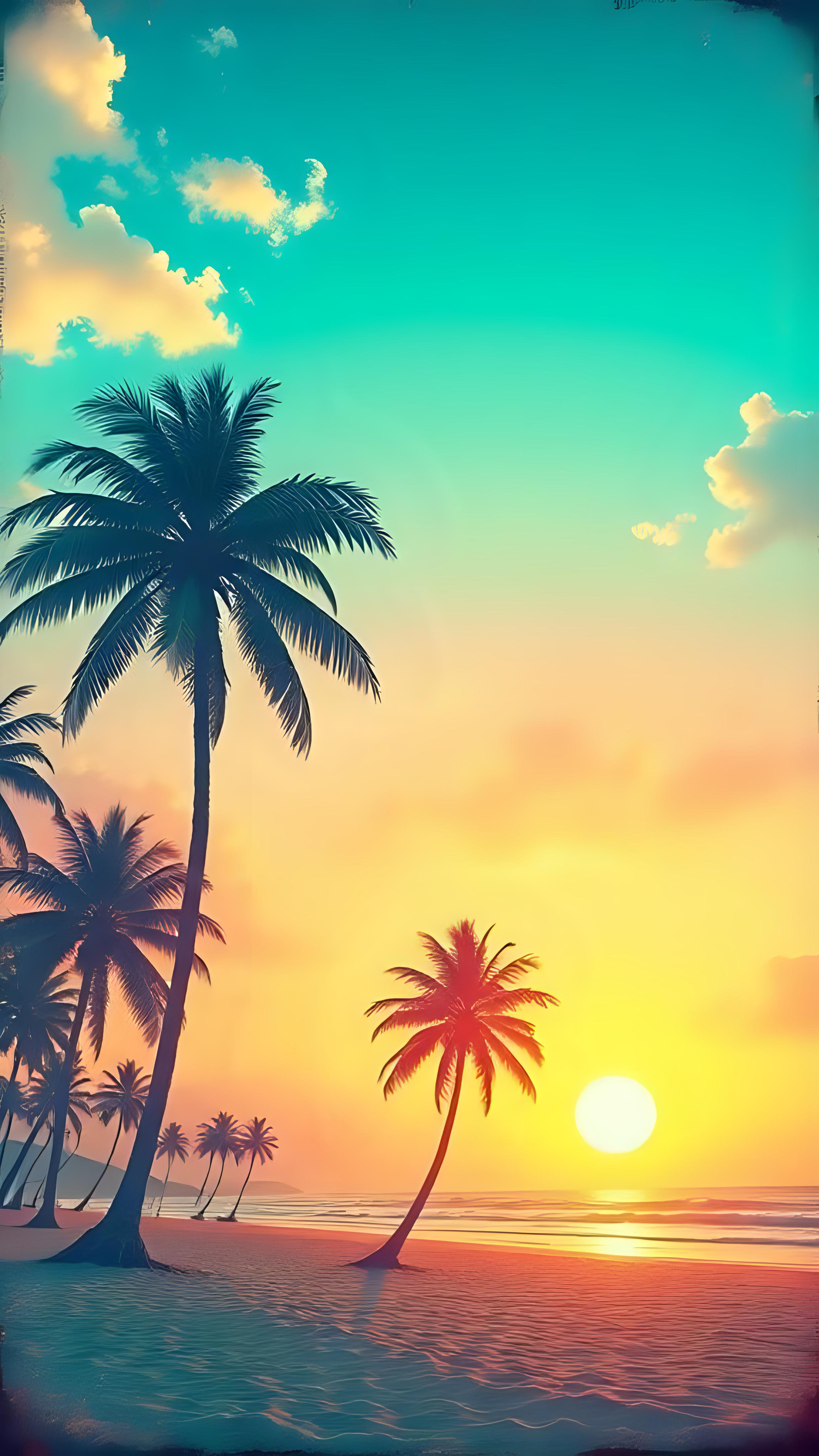 Retro Coconut Beach Sunset Wallpaper