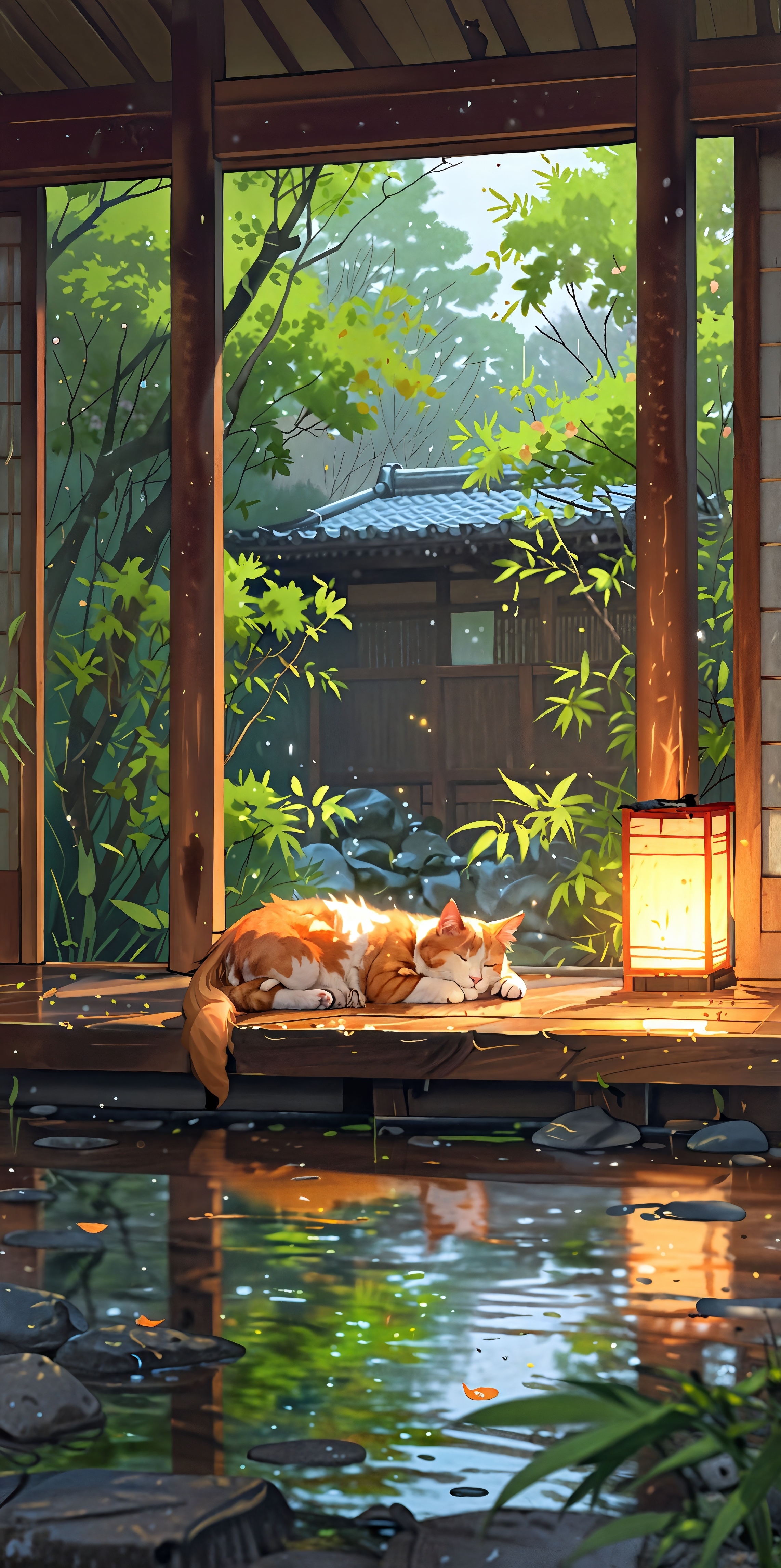 Tranquil Cat Sleeping on a Japanese Porch