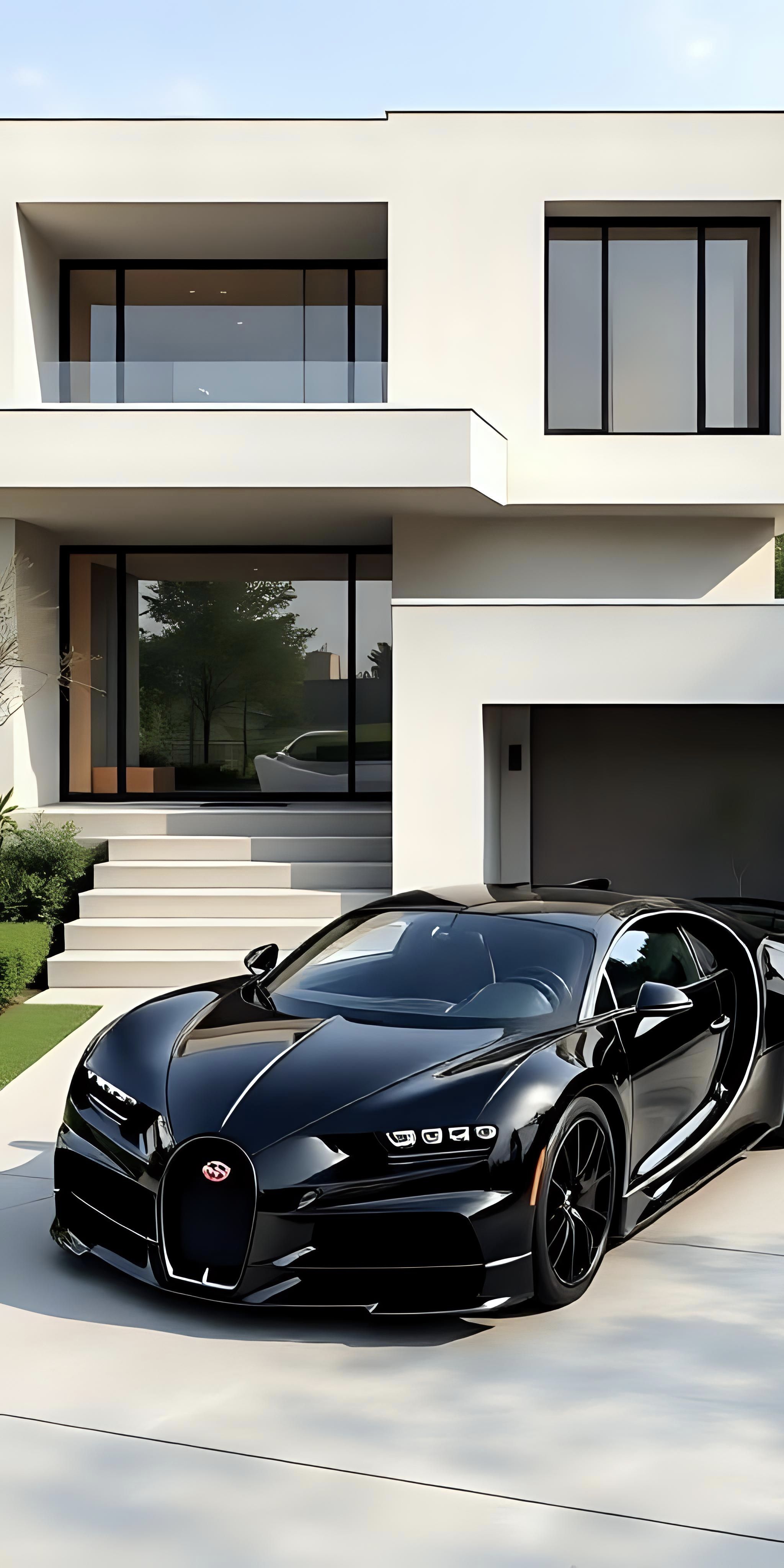 Black Bugatti Chiron in Modern Villa Wallpaper