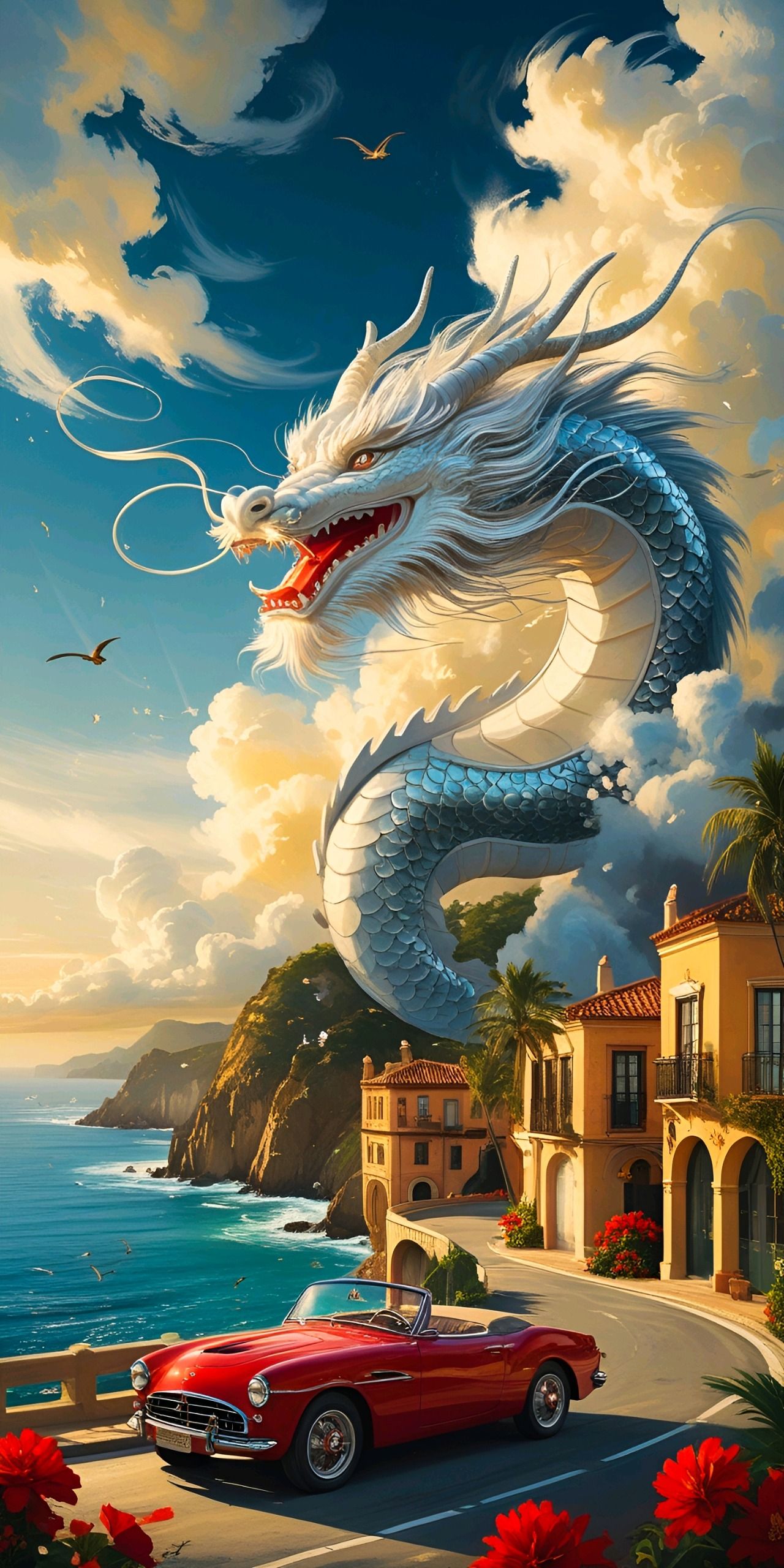 Epic Coastal Town Eastern Dragon Wallpaper