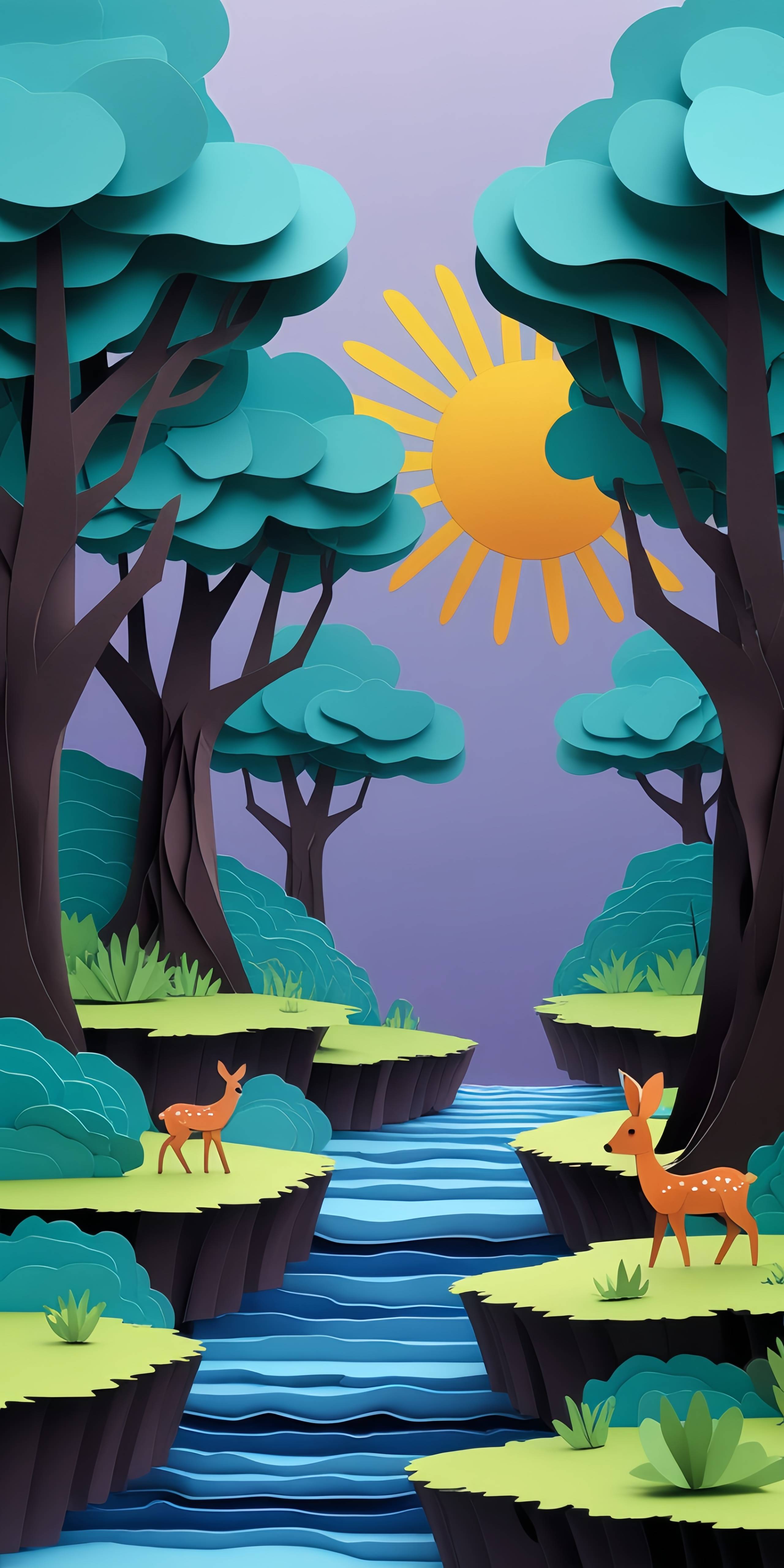 Paper-Cut Forest with Deer Wallpaper