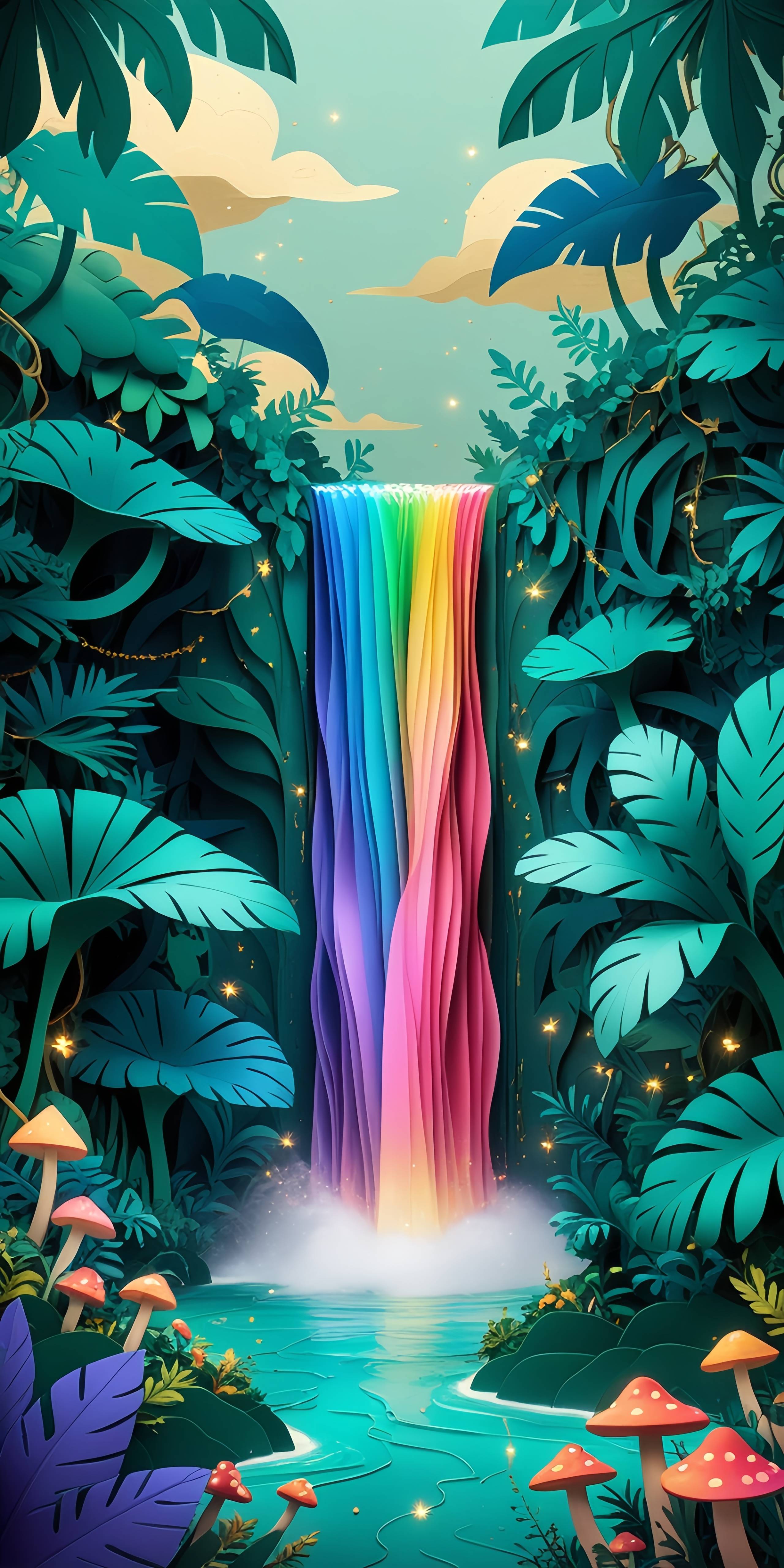 Rainbow Waterfall in an Enchanted Forest