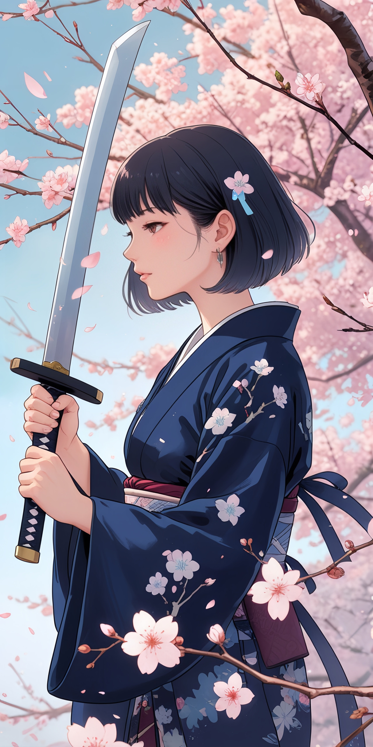 Anime Girl Sword Cherry Blossoms Wallpaper