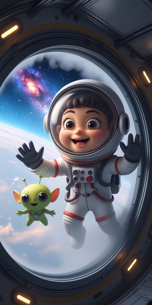 Cartoon Astronaut and Alien Wallpaper