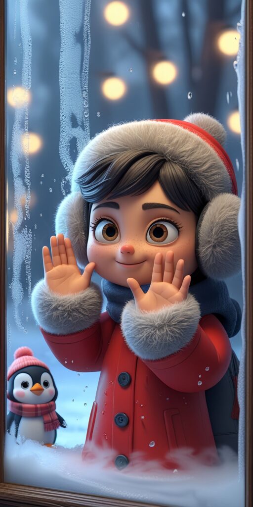 Cartoon Girl and Penguin Snow Wallpaper