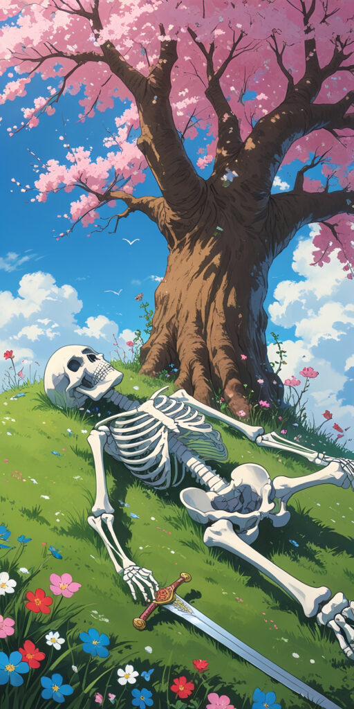 Skeleton Under Cherry Blossom Tree Wallpaper