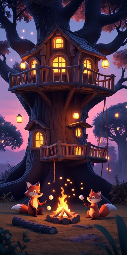 Treehouse with Foxes Wallpaper