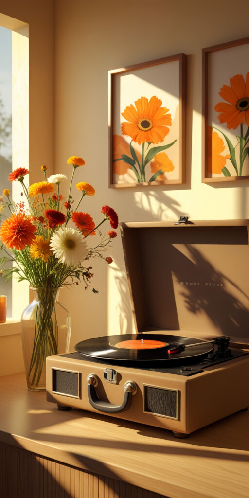 Vintage Record Player & Flowers Wallpaper