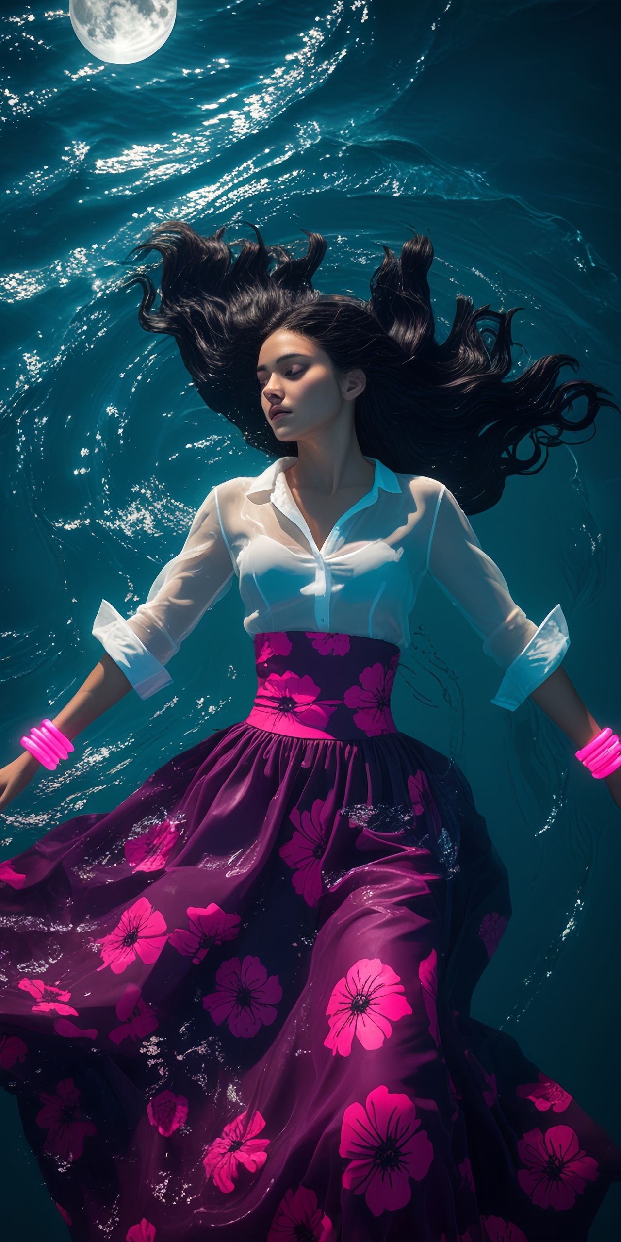 Ethereal Woman Floating in Water Wallpaper