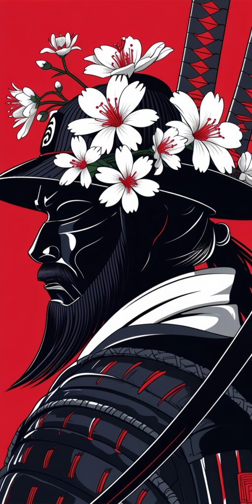 Stylized Samurai with Flowers Wallpaper