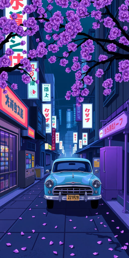 Anime City Street with Classic Car Wallpaper