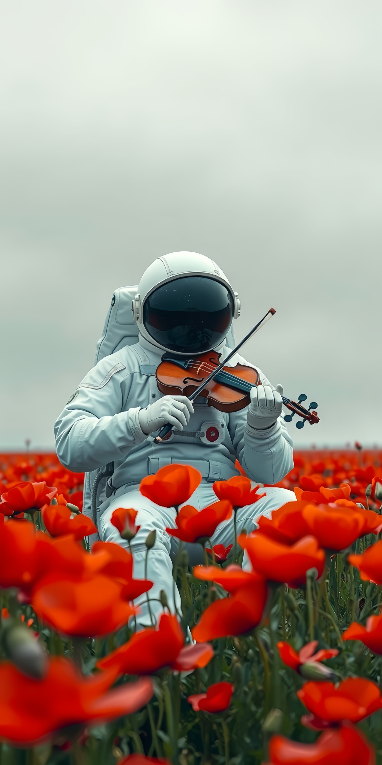 Astronaut Playing Violin in Poppy Field Wallpaper