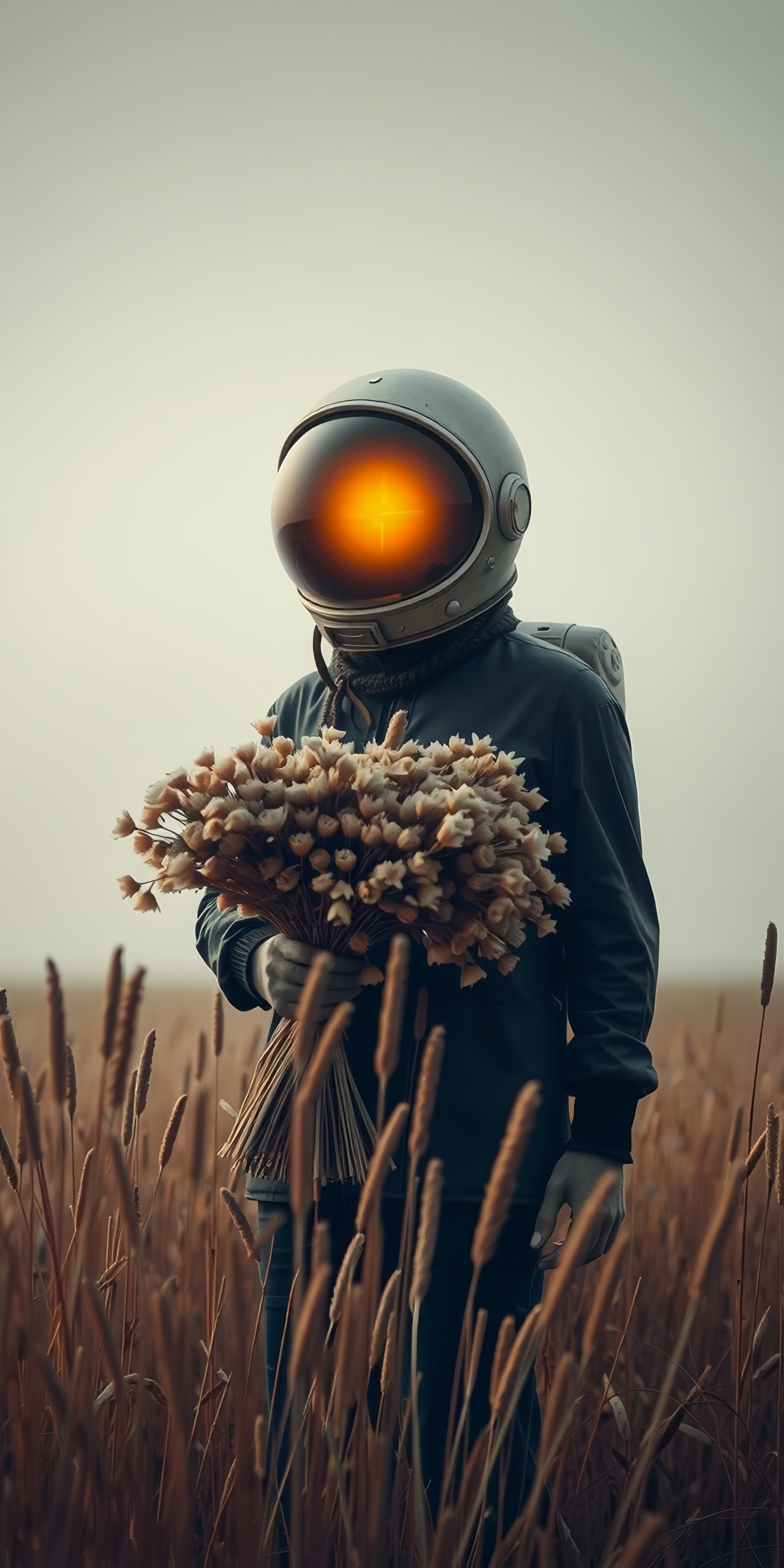 Astronaut in Wheat Field with Flowers Wallpaper