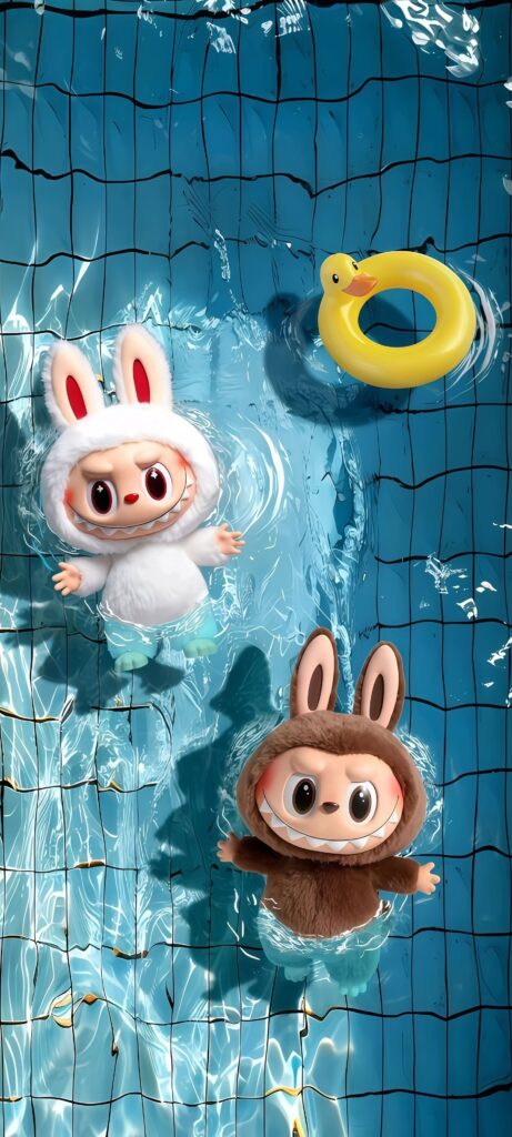 Playful Labubu Swimming in Blue Pool Wallpaper