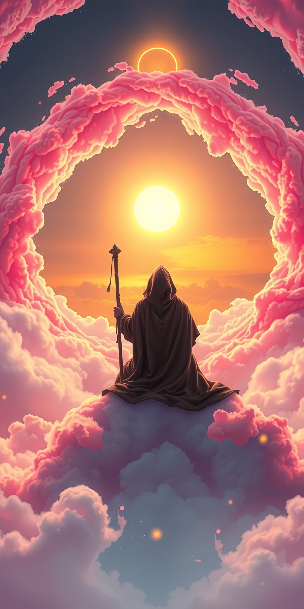 Mystical Hooded Figure on Clouds Wallpaper