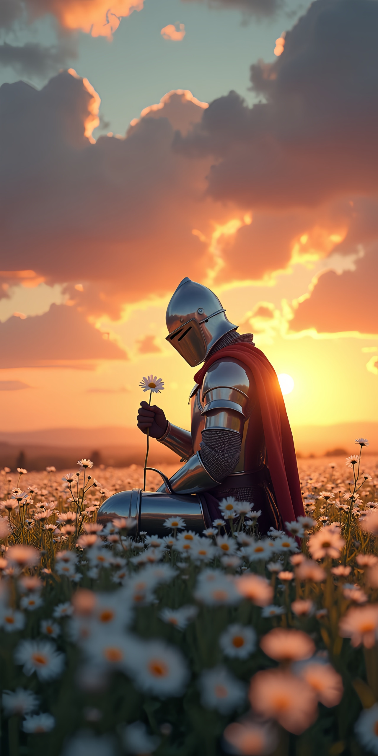 Peaceful Knight in Flower Field Wallpaper