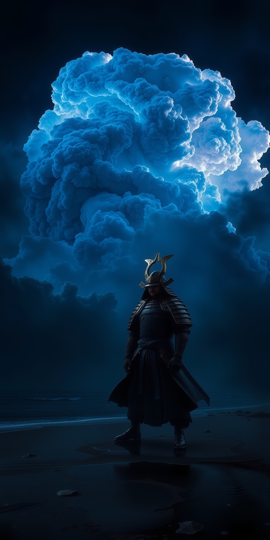 Powerful Samurai Against Blue Explosion Cloud Wallpaper