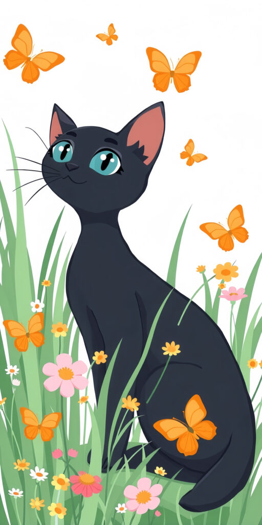 Whimsical Black Cat & Butterflies Wallpaper