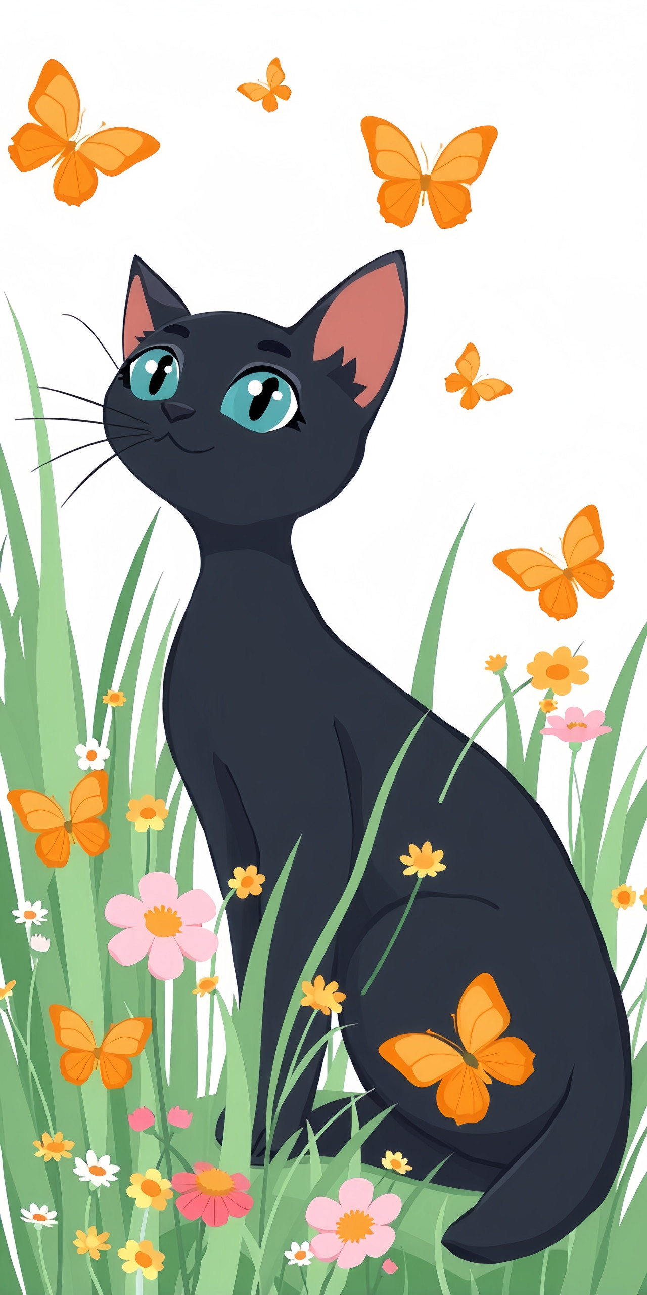 Whimsical Black Cat & Butterflies Wallpaper