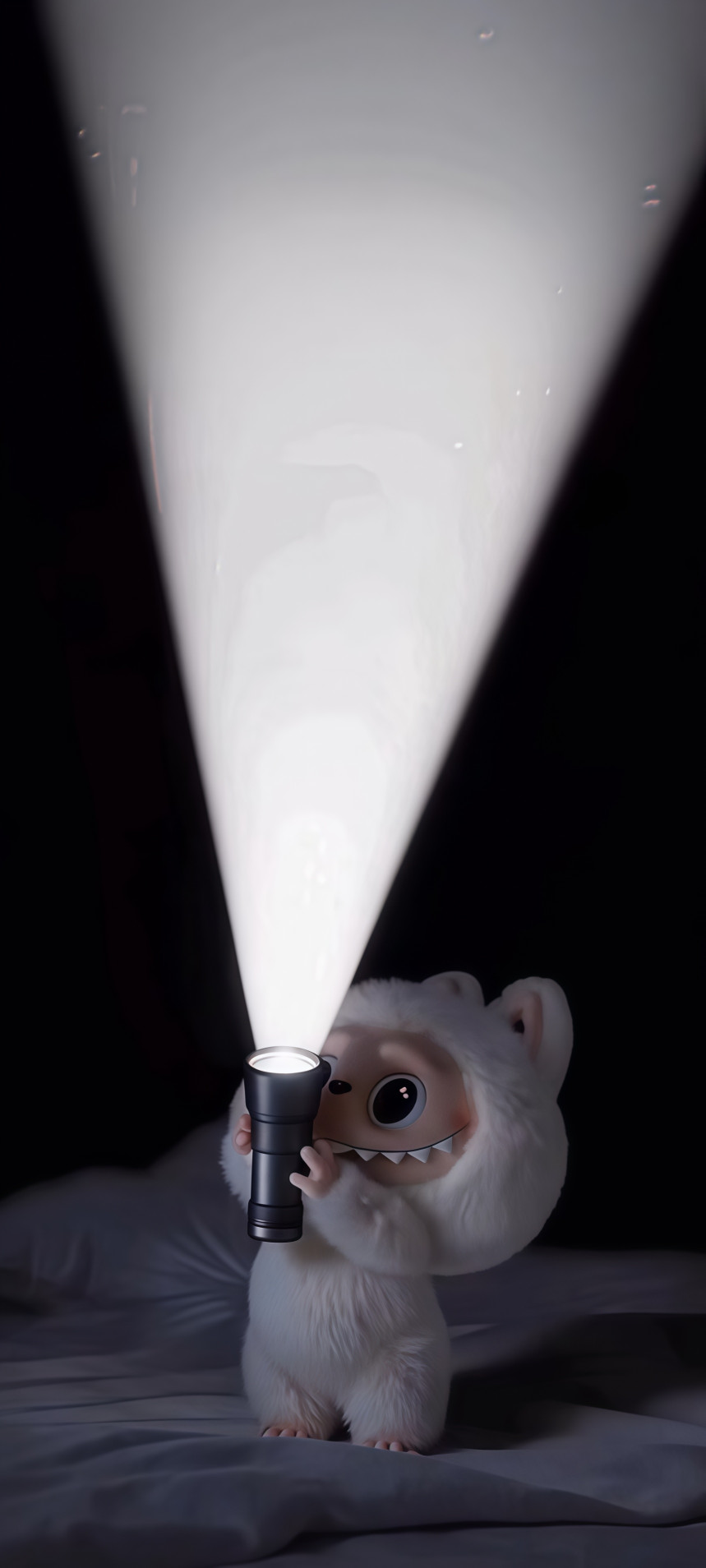 Whimsical Labubu with Flashlight in Dark Room Wallpaper