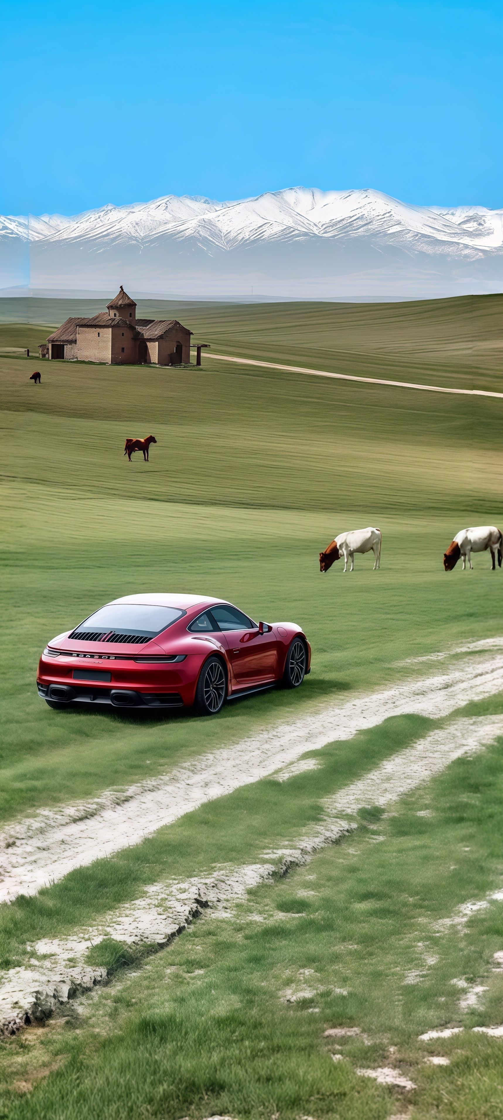Red Porsche 911 in a Green Field Wallpaper