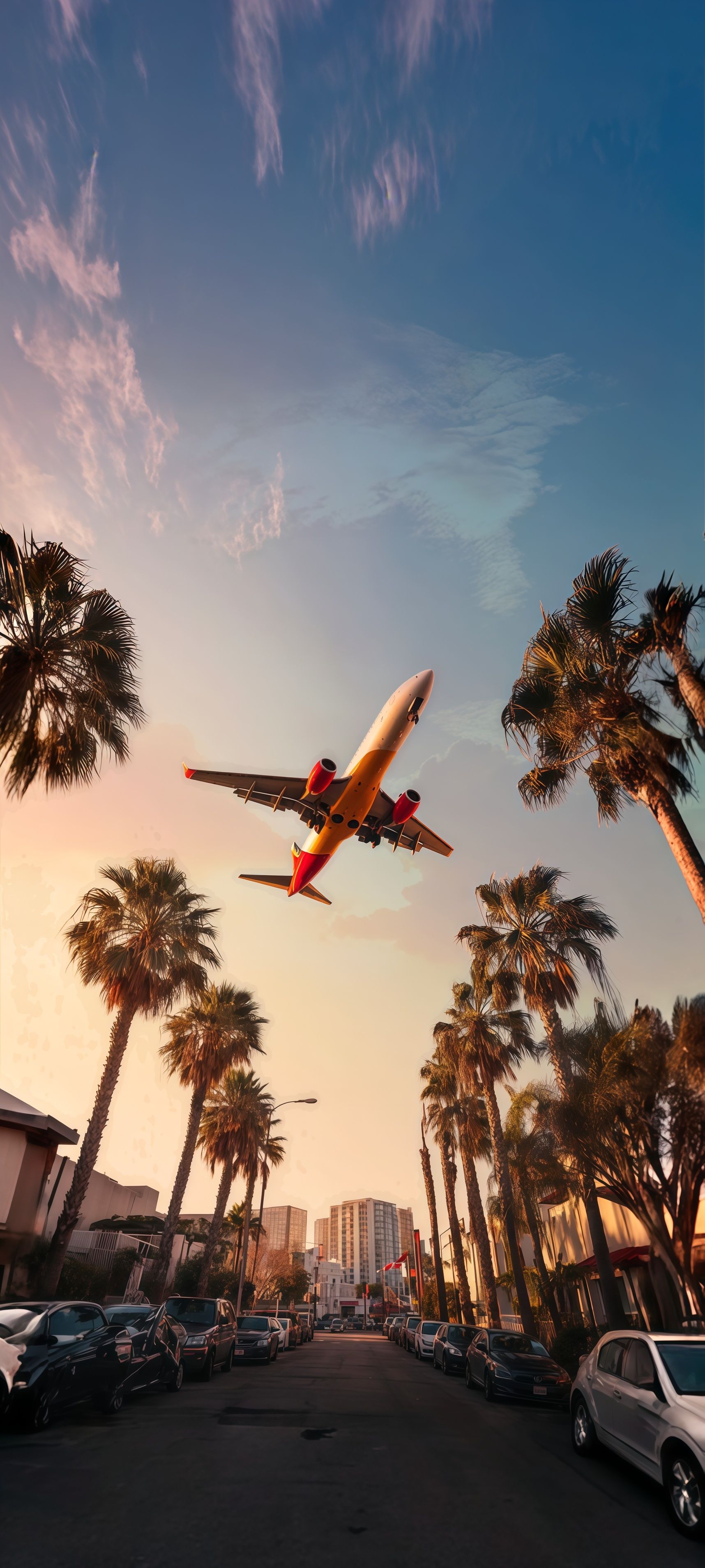 Airplane Landing Over Palm Tree Street Sunset Wallpaper