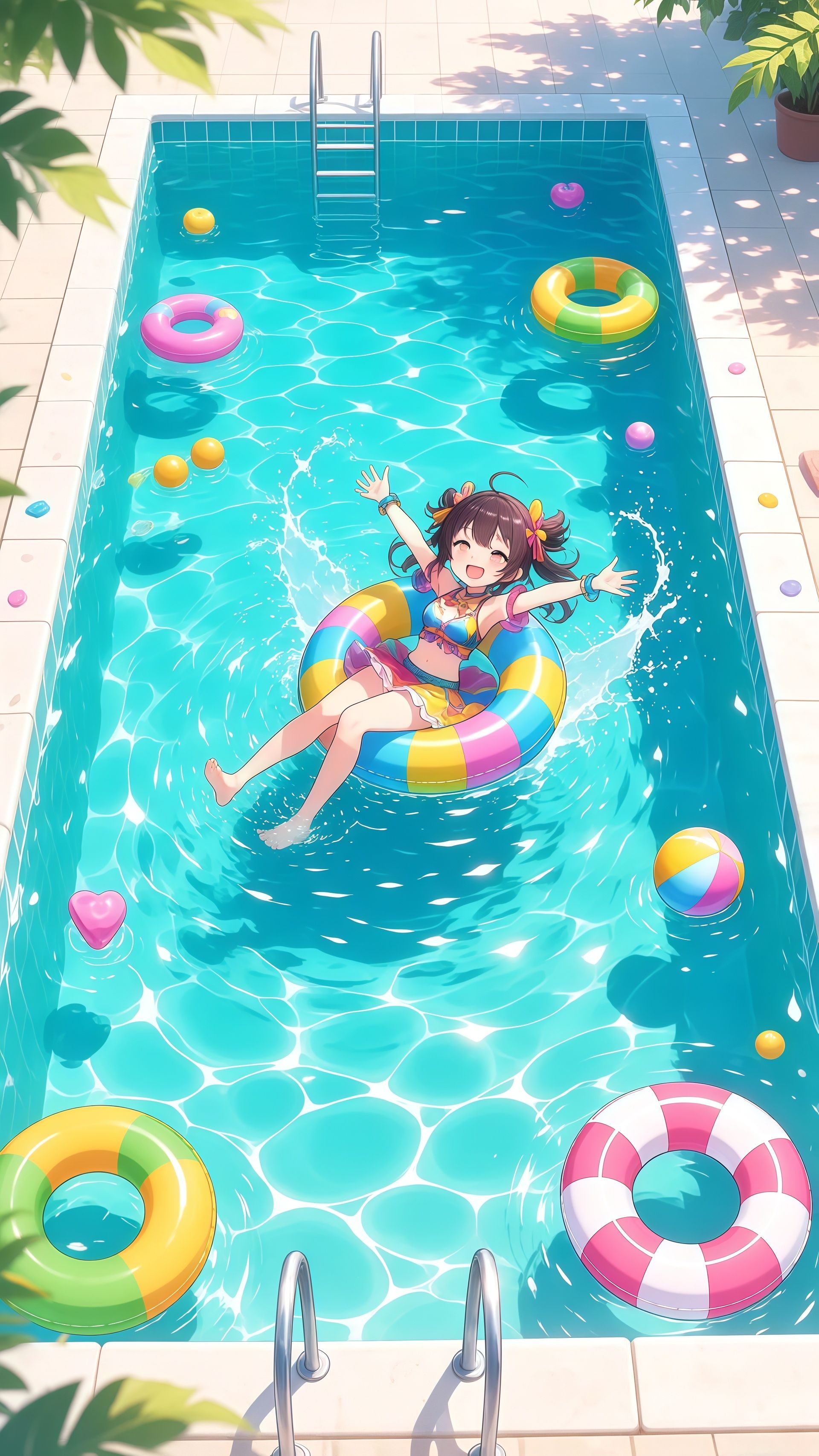 Cheerful Anime Girl Summer Pool Float Wallpaper