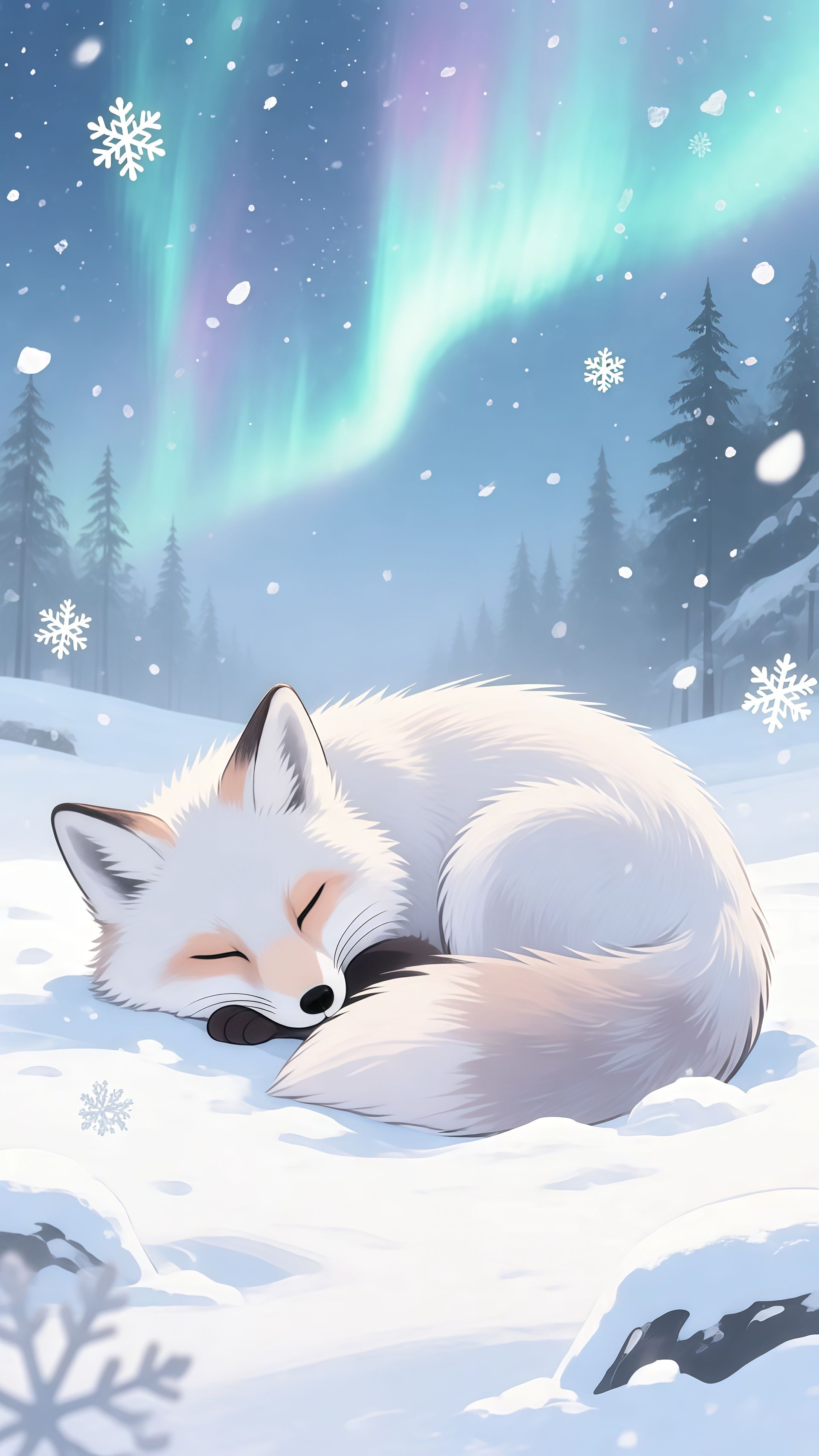 Cozy Arctic Fox Sleeping Northern Lights Wallpaper
