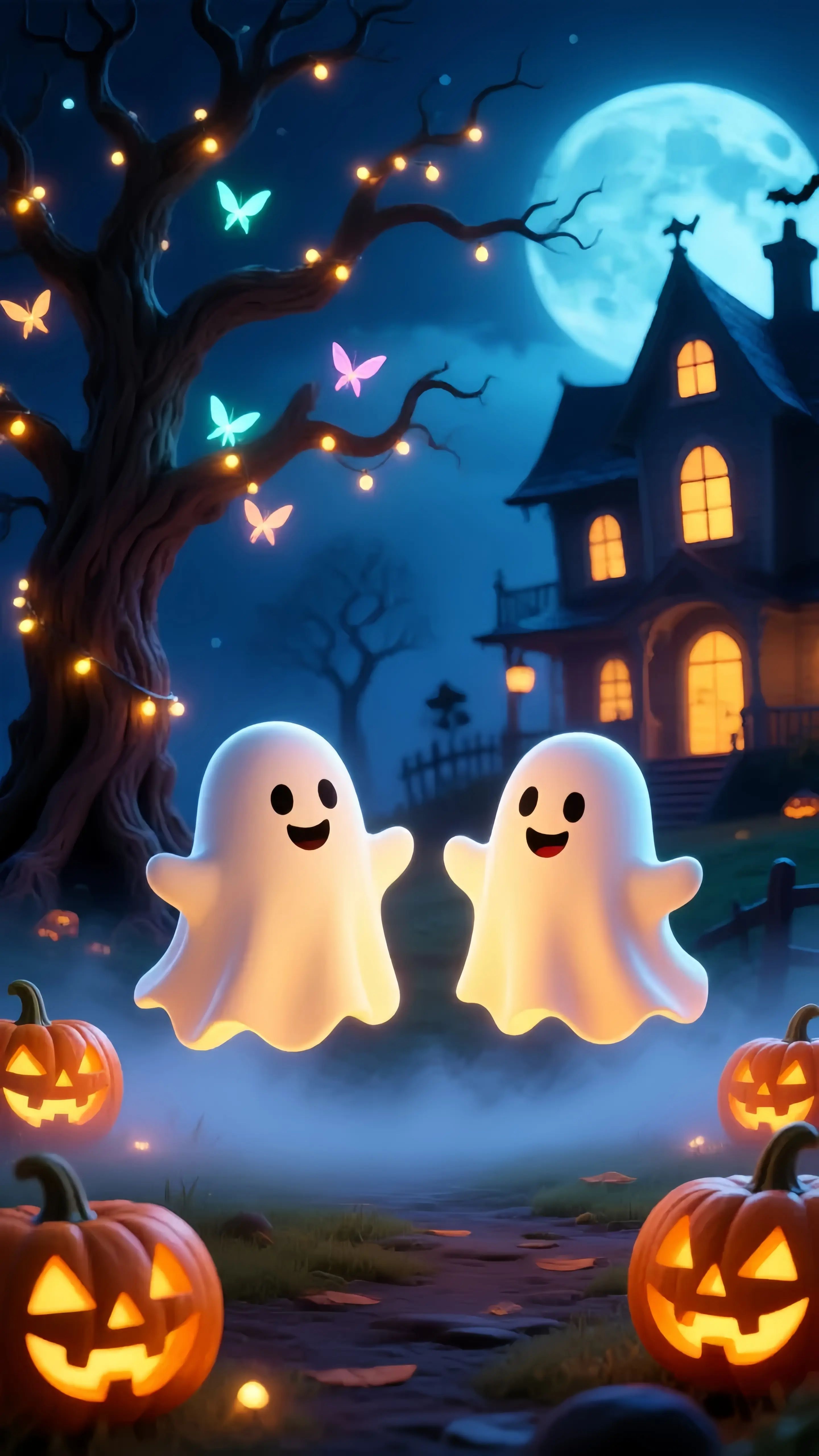 Cute Ghost Duo Haunted House Wallpaper