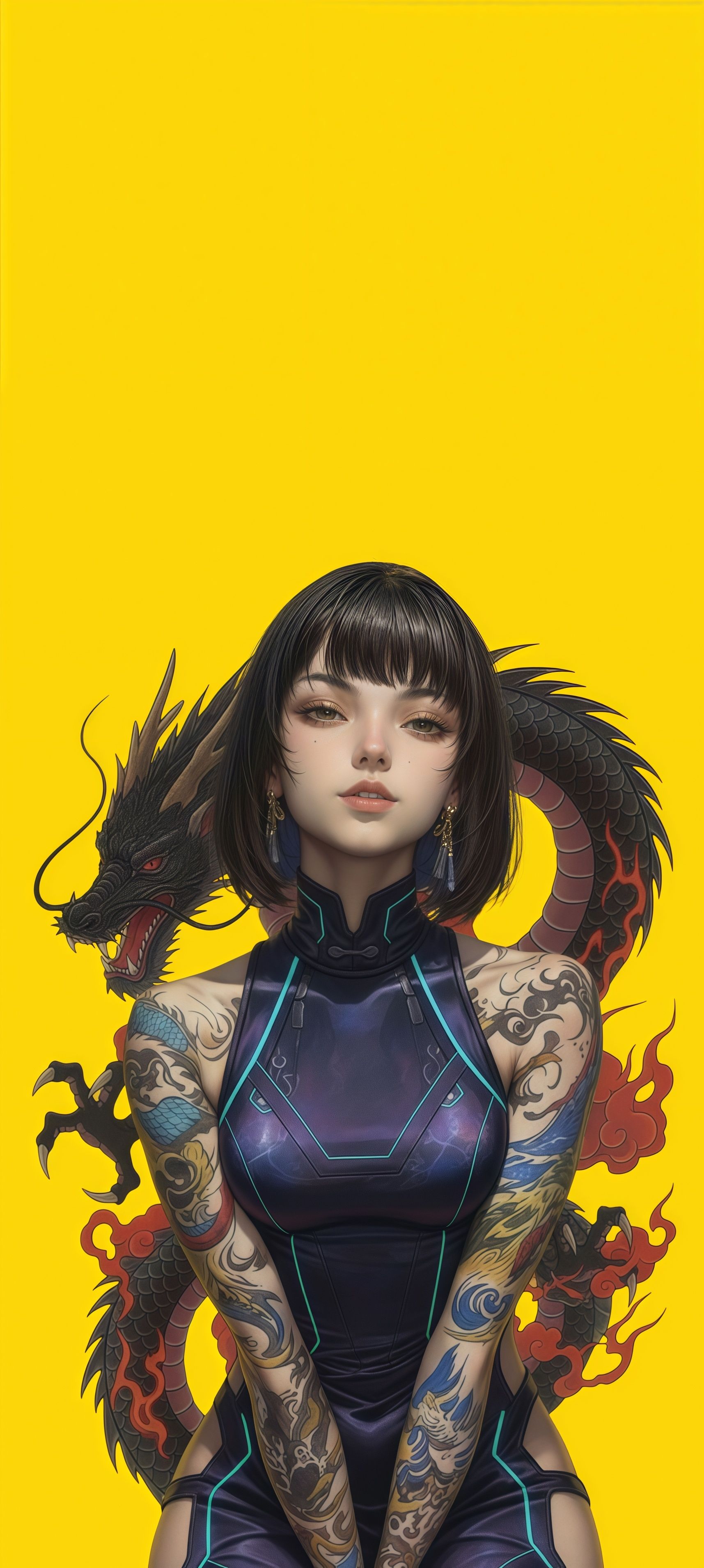 Cyberpunk Girl Dragon Qipao Yellow Background Wallpaper
