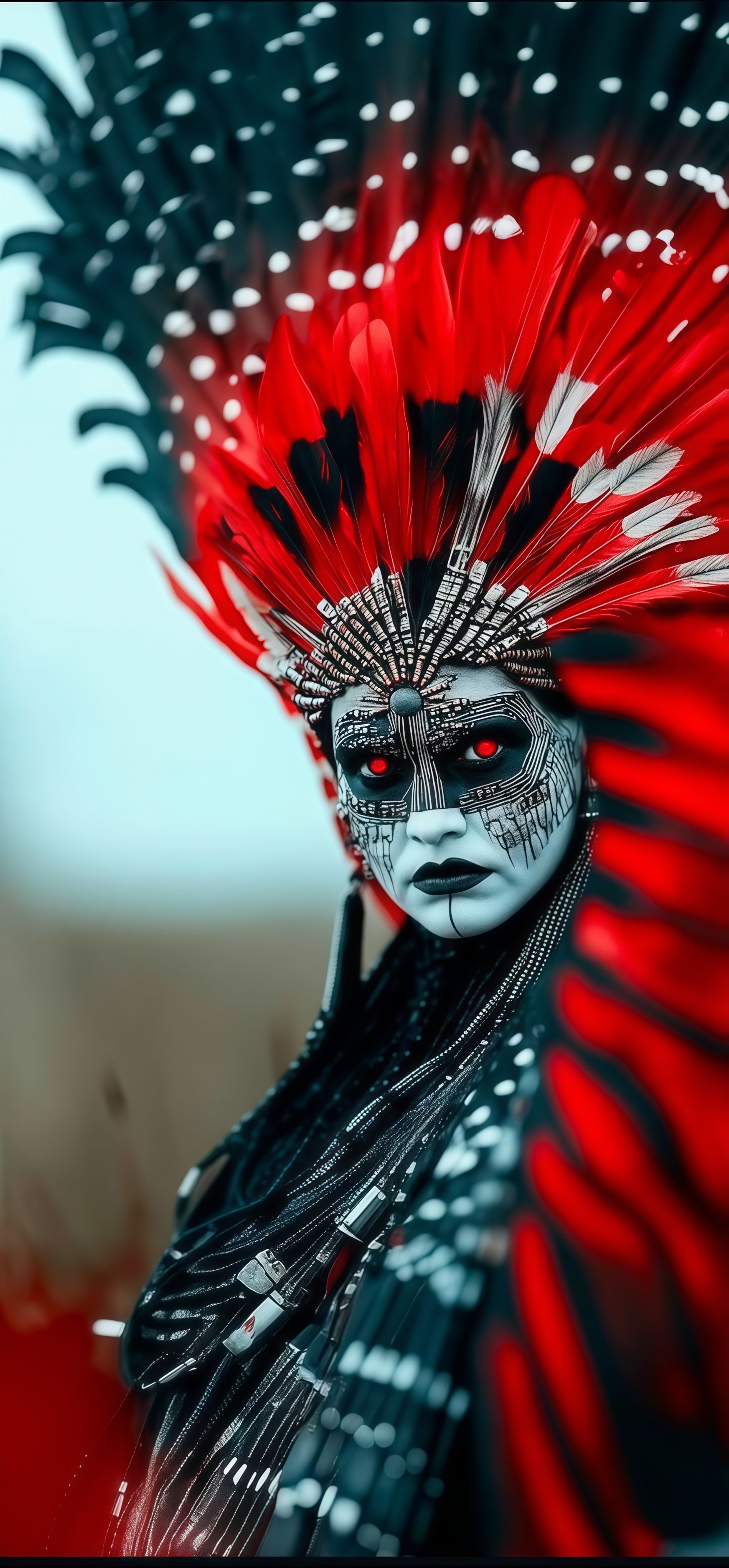 Cyberpunk Tribal Red Feather Headdress Wallpaper