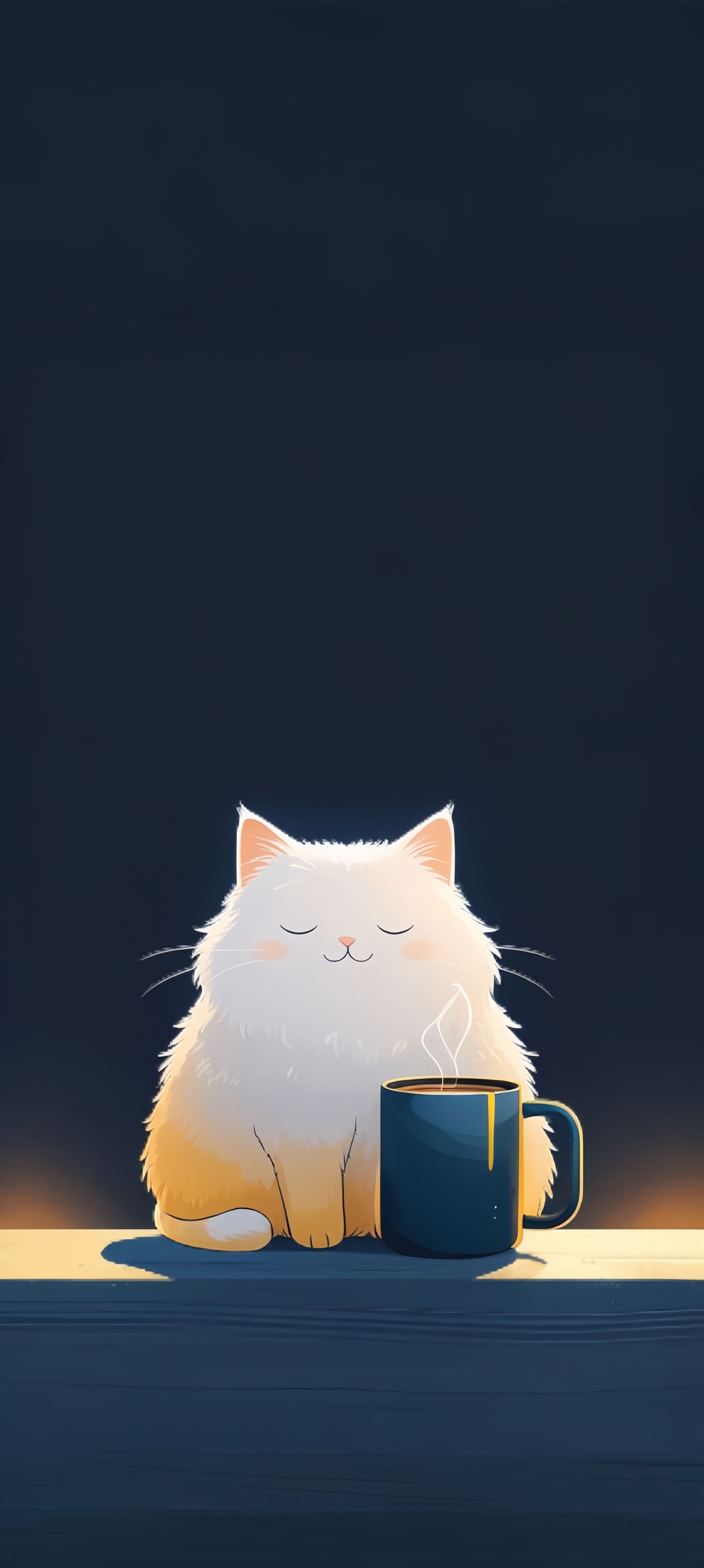 Fluffy White Cat and Coffee Mug Wallpaper