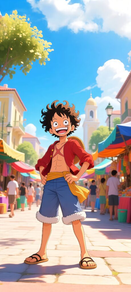 Luffy in a Sunny Market Town Wallpaper