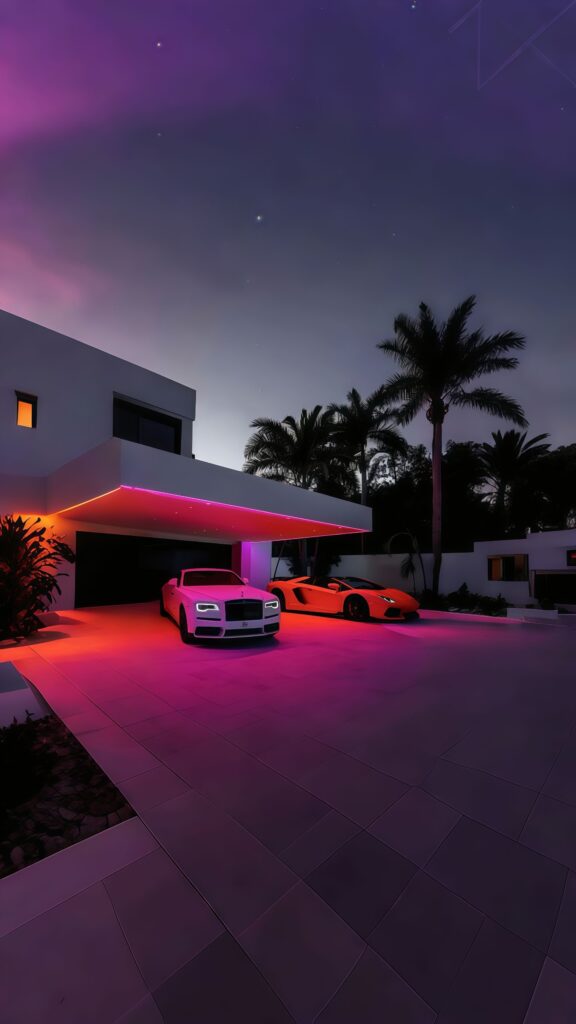Neon Luxury Villa Supercars Night Wallpaper