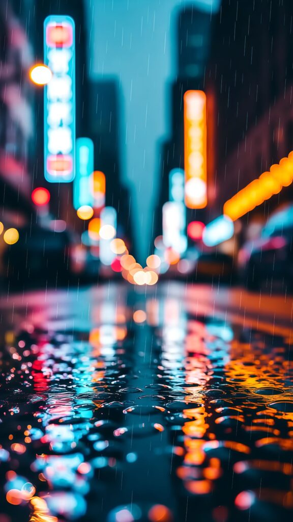 Rainy Night Neon City Street Bokeh Wallpaper