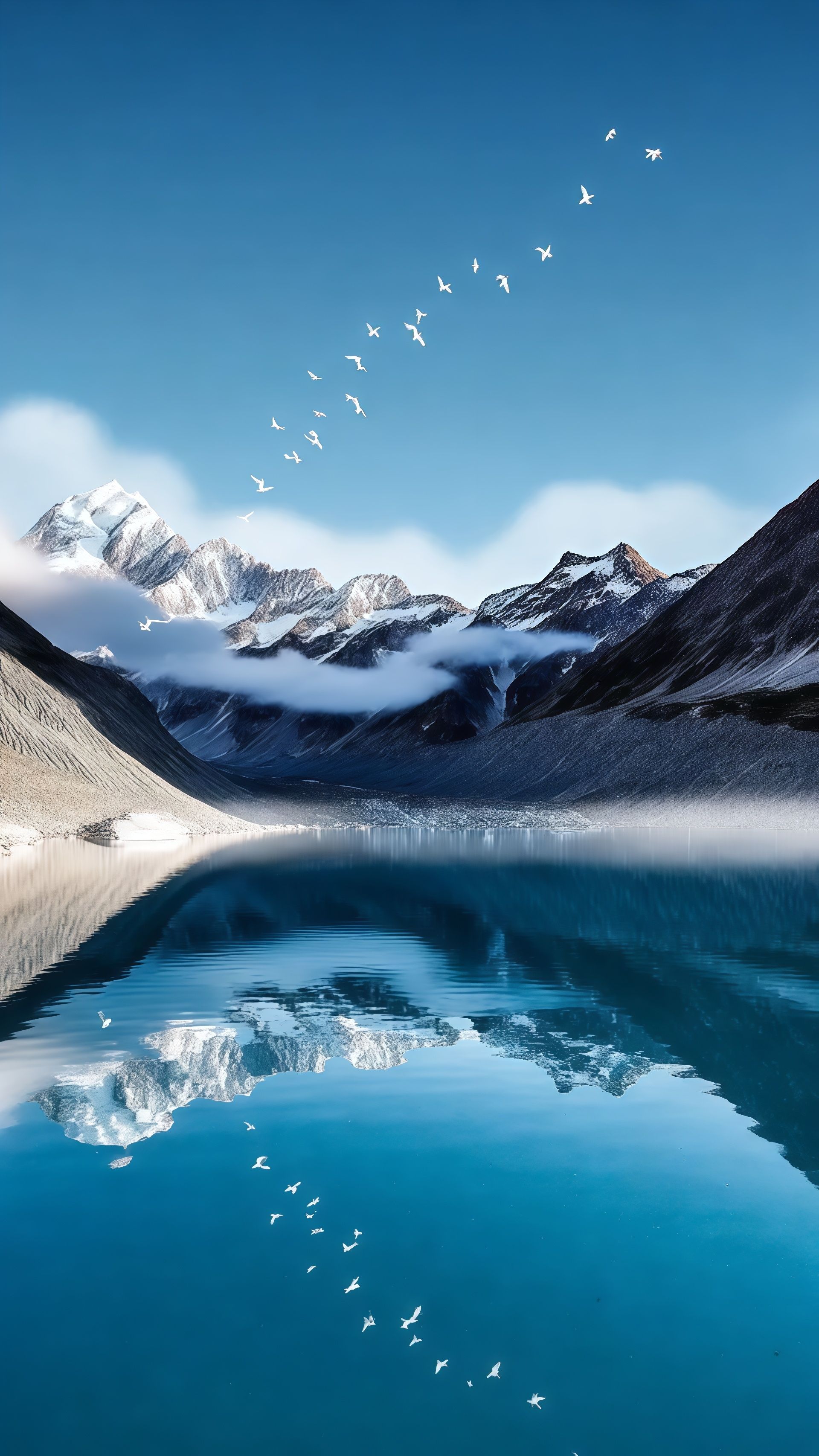 Snowy Mountain Lake Reflection Flying Birds Wallpaper