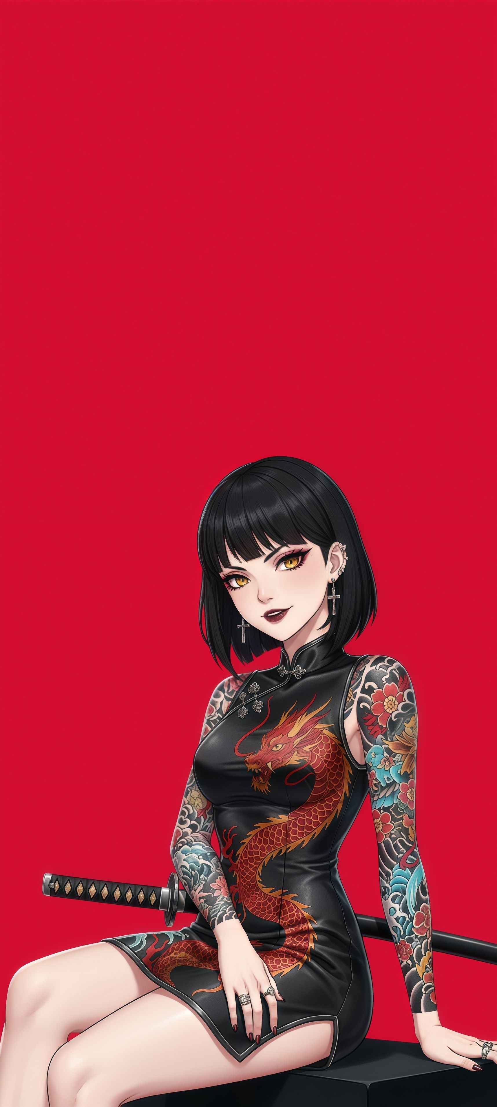 Tattooed Anime Girl Dragon Cheongsam Red Wallpaper