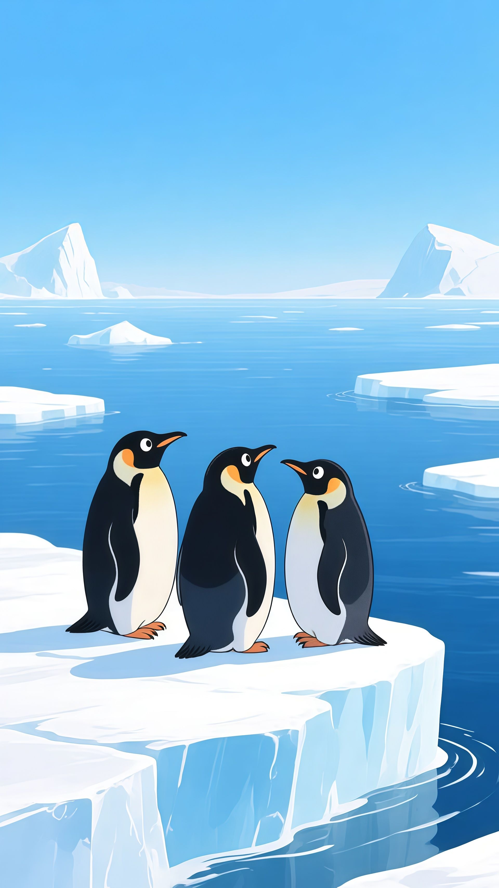 Three Cartoon Emperor Penguins on Ice Floe Wallpaper