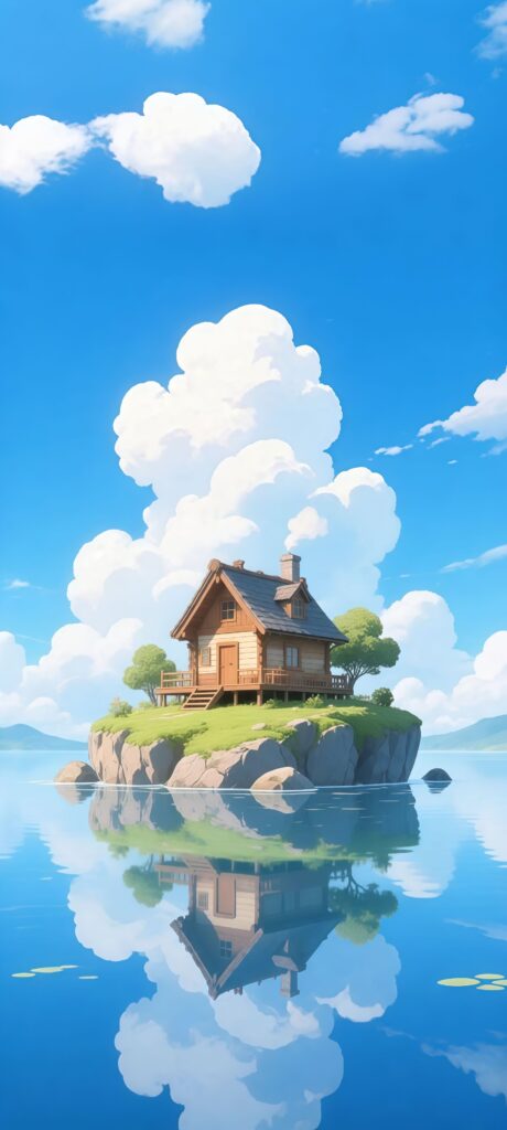 Tranquil Cabin on Island Reflection Wallpaper