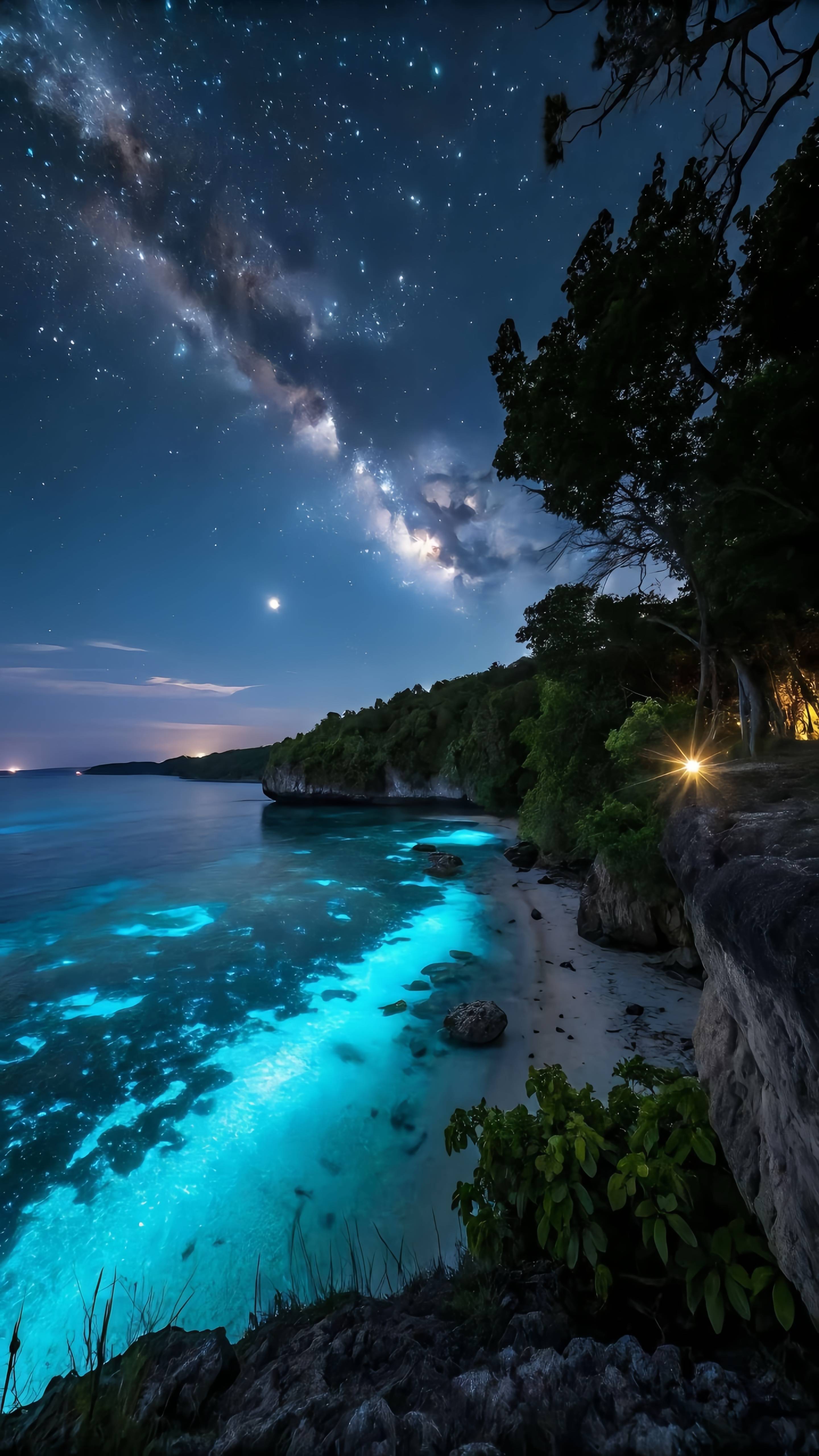 Tropical Beach Aurora Borealis Palm Trees Wallpaper