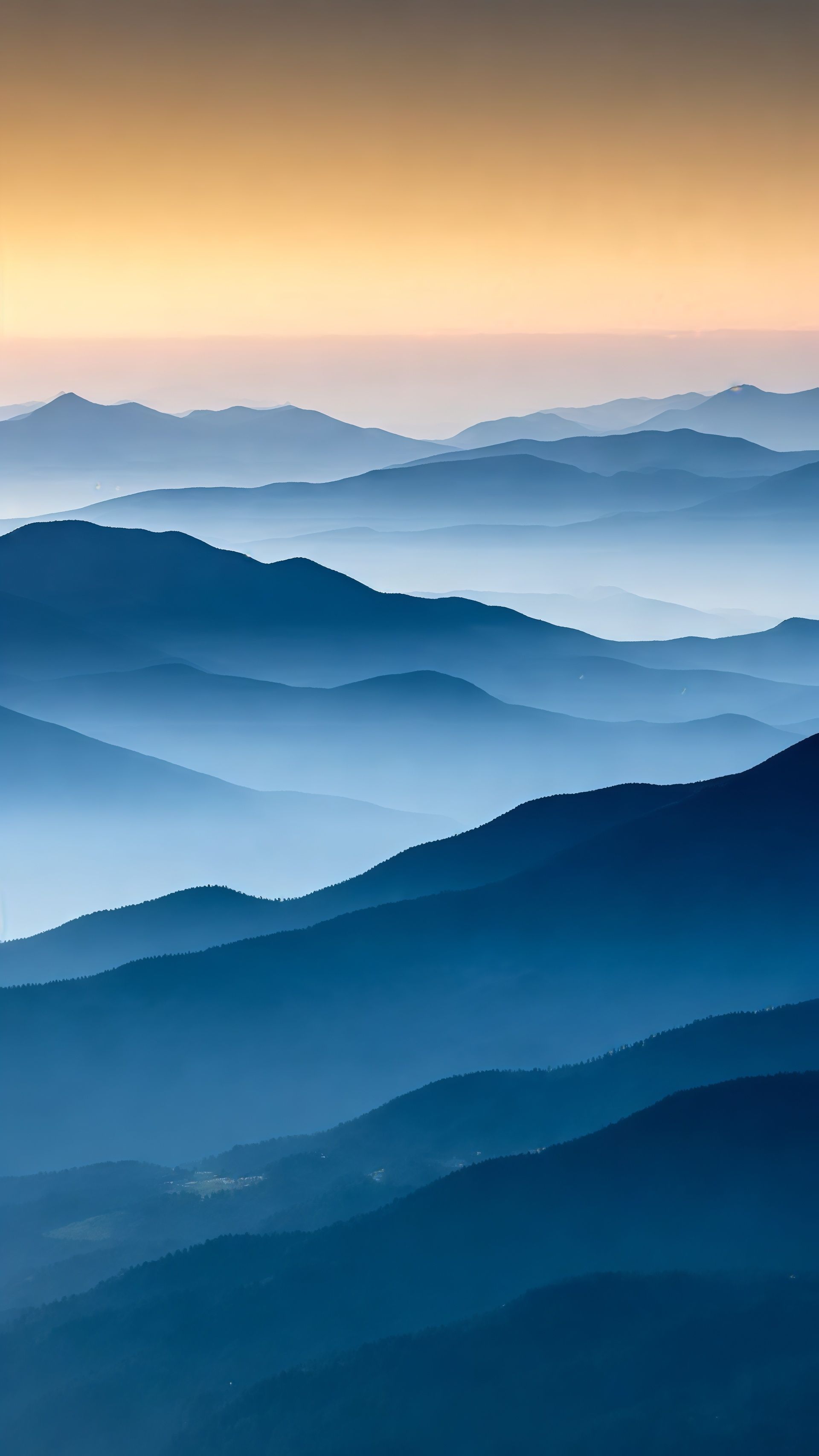 Aesthetic Blue Mountain Layers Misty Sunset Wallpaper