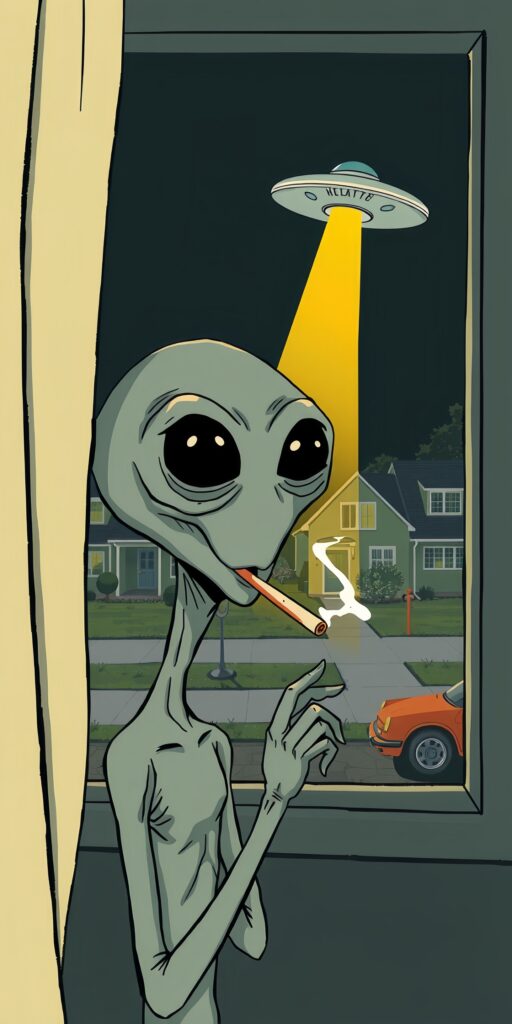 Weird Alien Smoking UFO Landing Cartoon Wallpaper