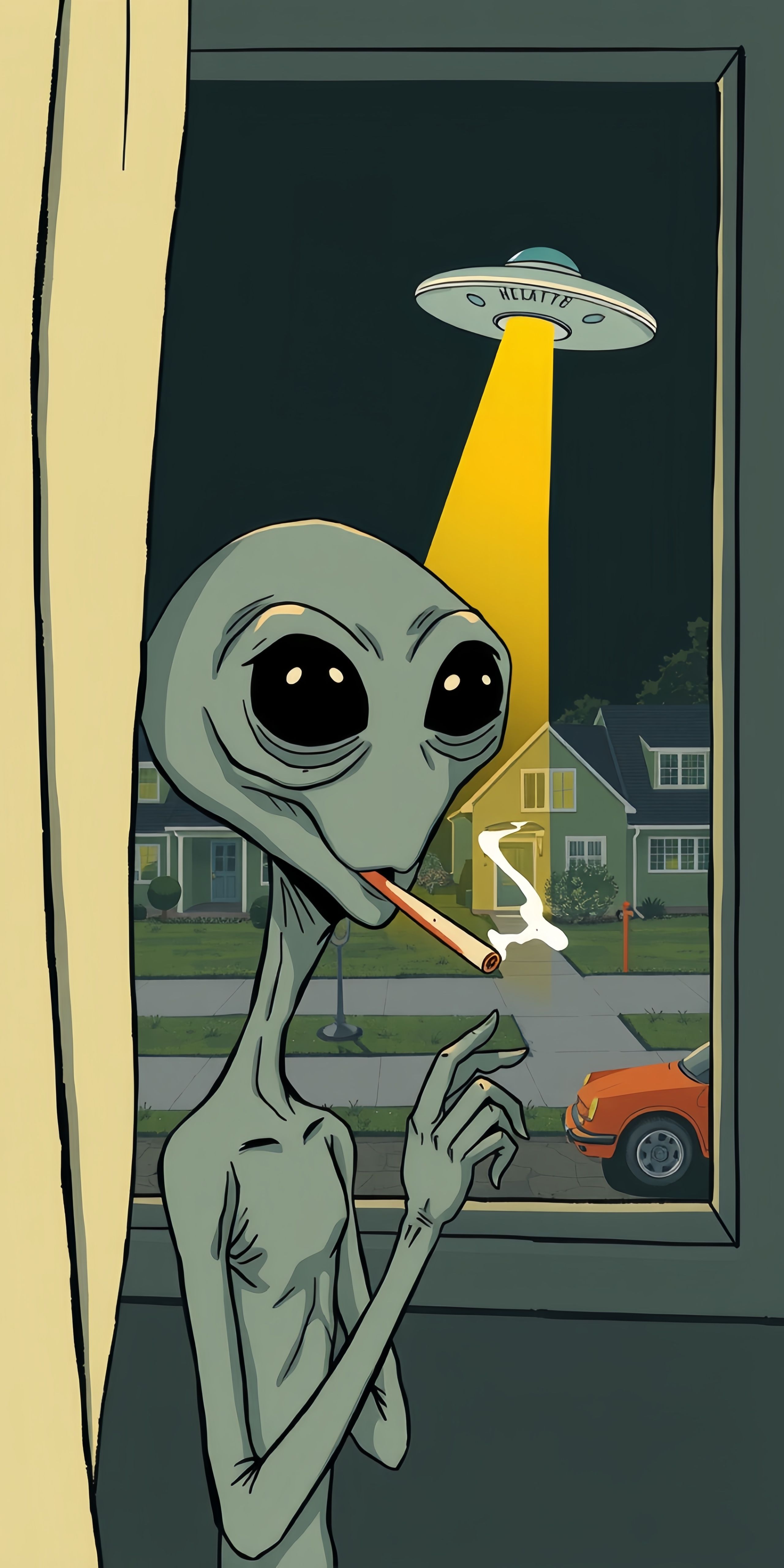 Weird Alien Smoking UFO Landing Cartoon Wallpaper