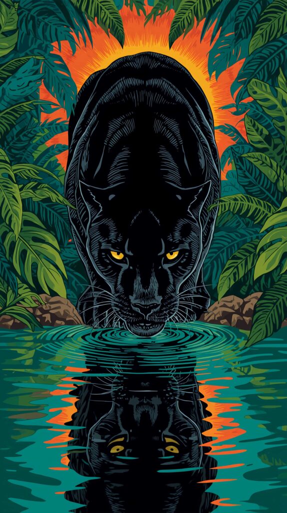 Black Panther Jungle Reflection Art Wallpaper