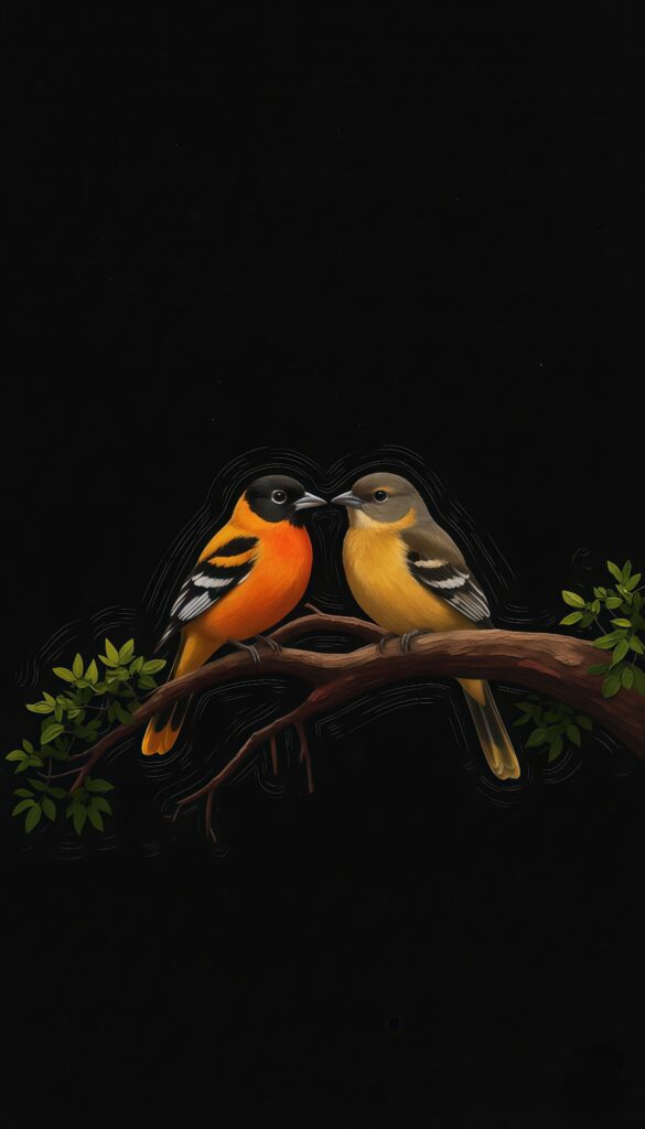 Bright Baltimore Oriole Pair Black Wallpaper
