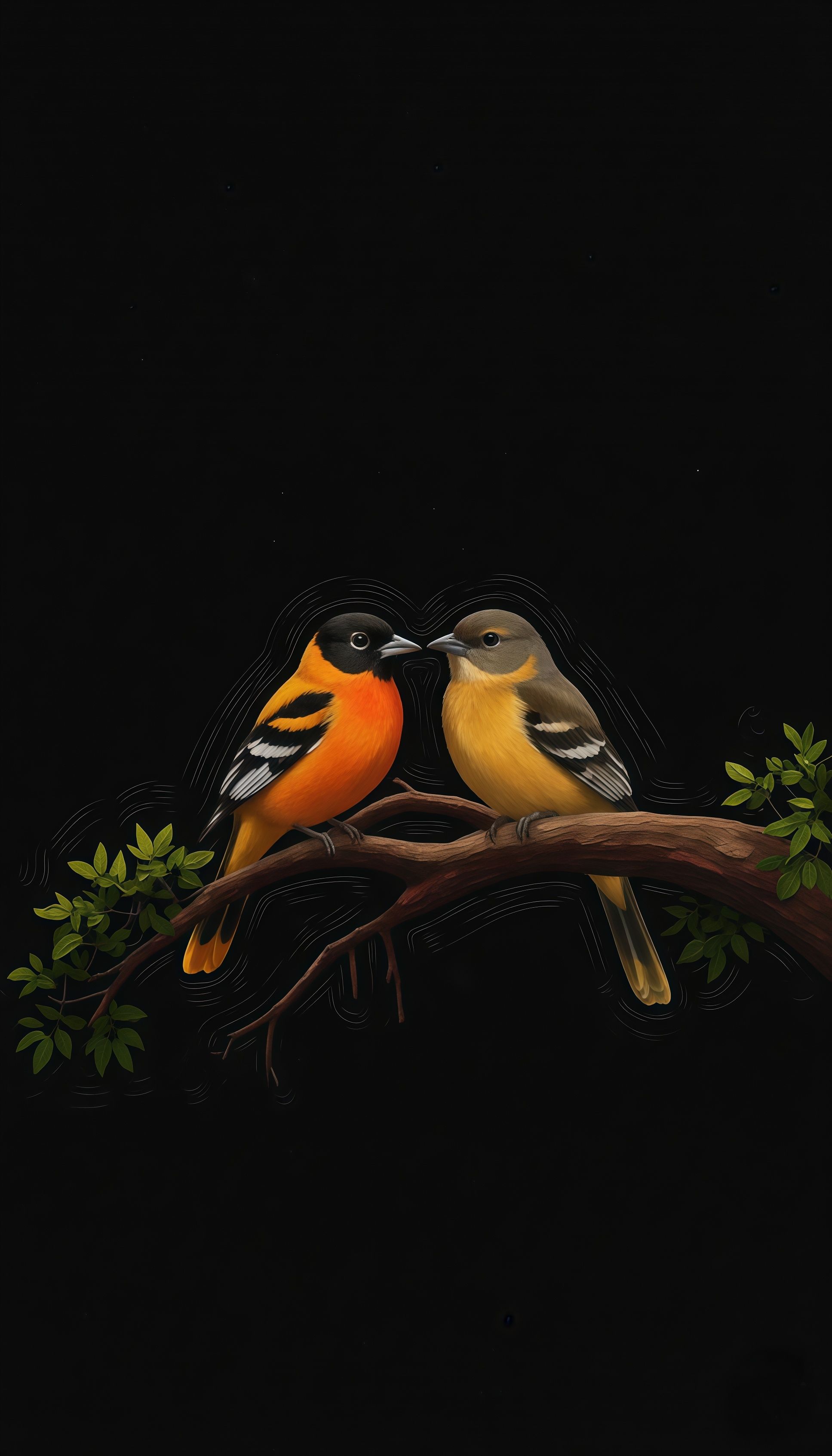 Bright Baltimore Oriole Pair Black Wallpaper