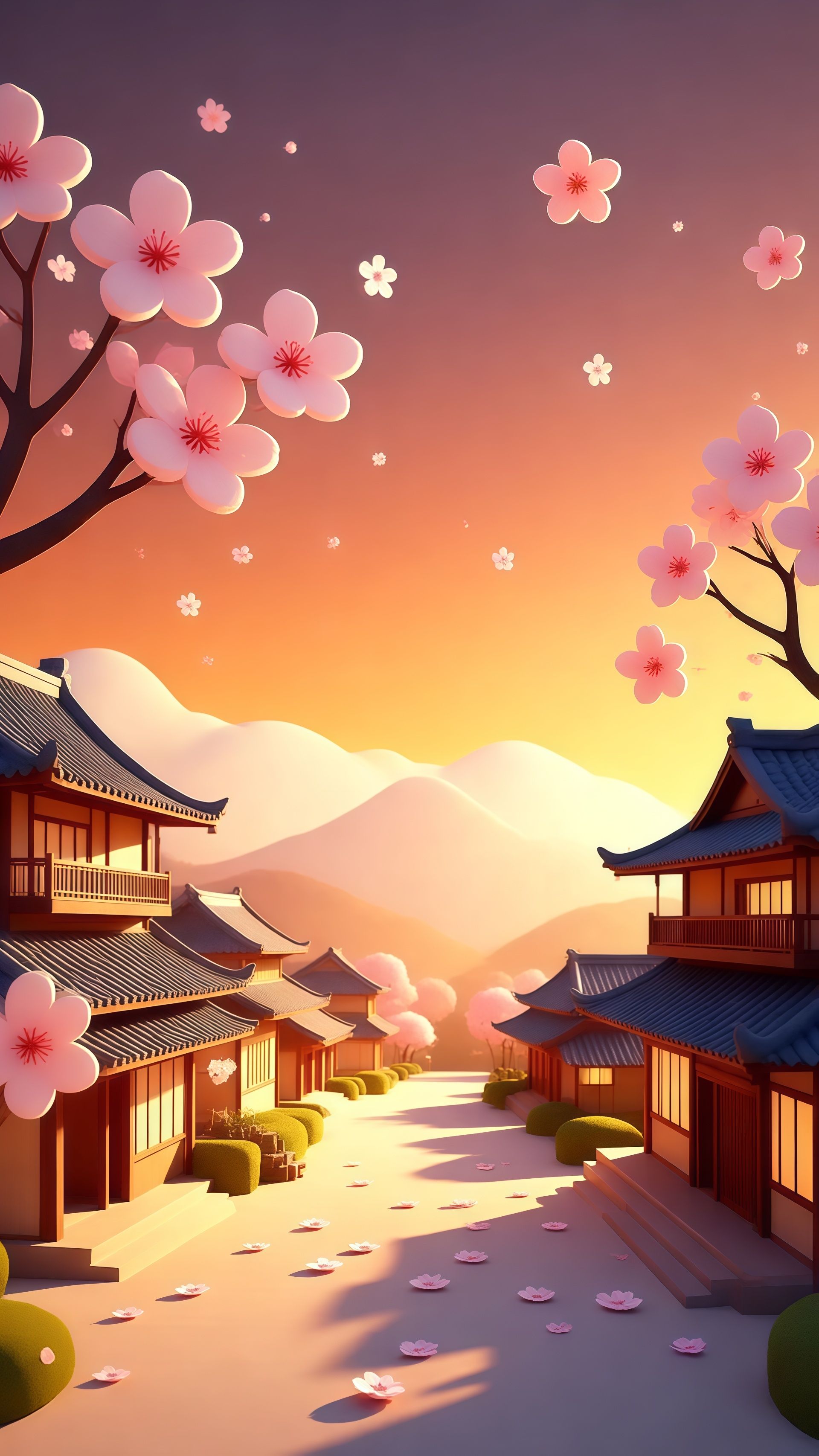 Chibi Japanese Village Cherry Blossom Sunset Wallpaper