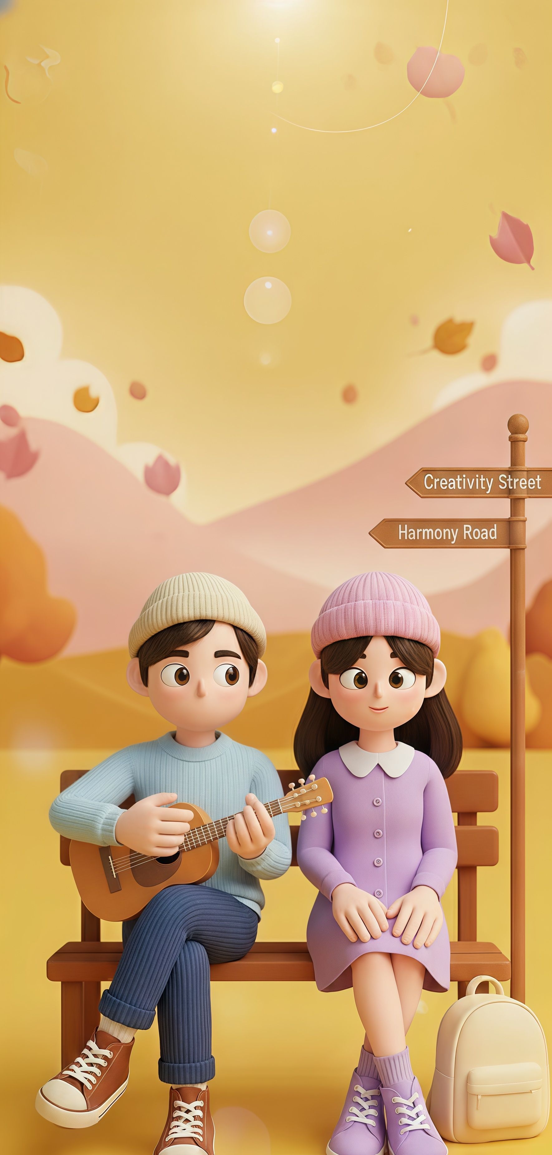 Cute 3D Couple Guitar Music Wallpaper